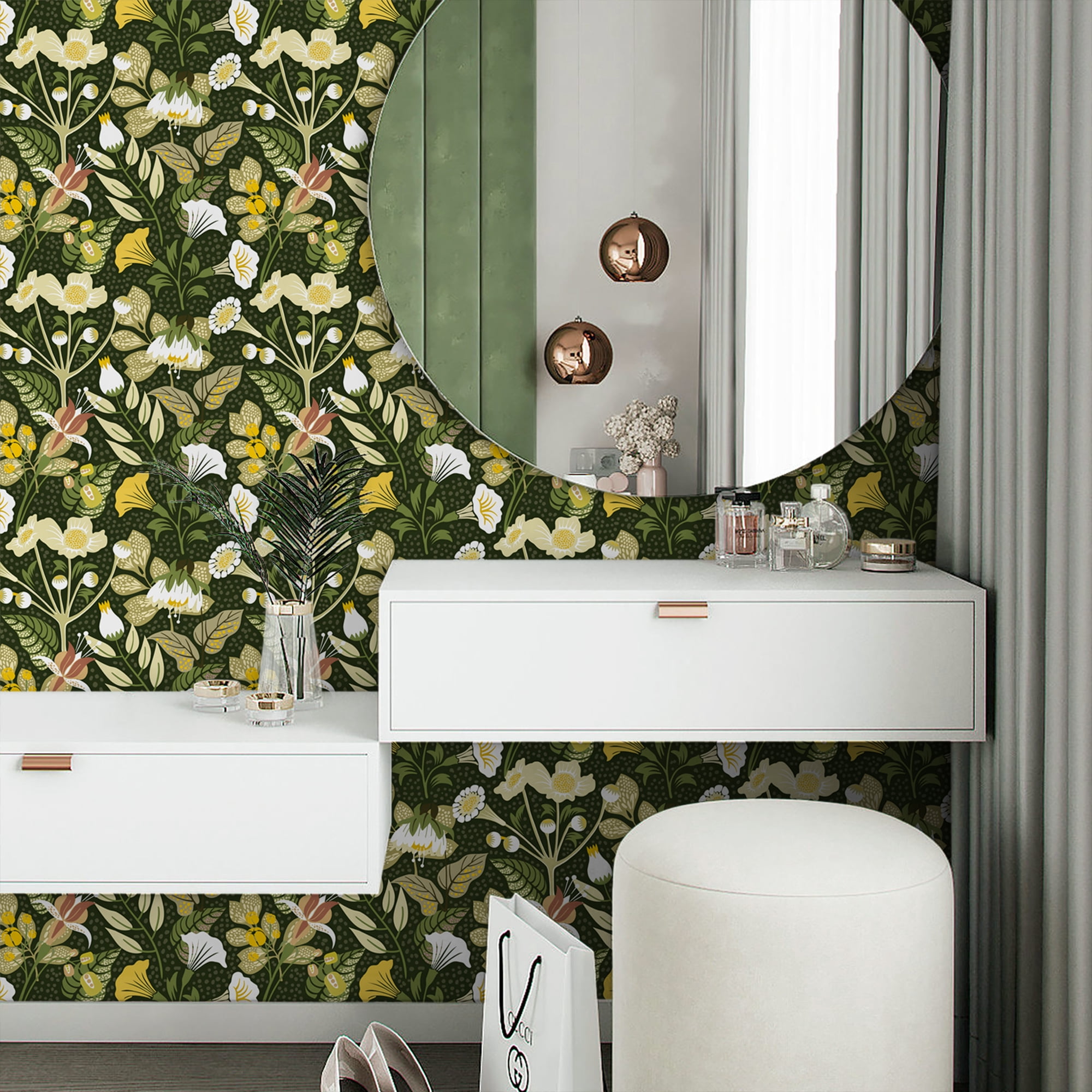 Abyssaly Peel and Stick Wallpaper Green Floral Petunia Vine Contact Paper (Green, 17.7 in x 118 in) dofhx
