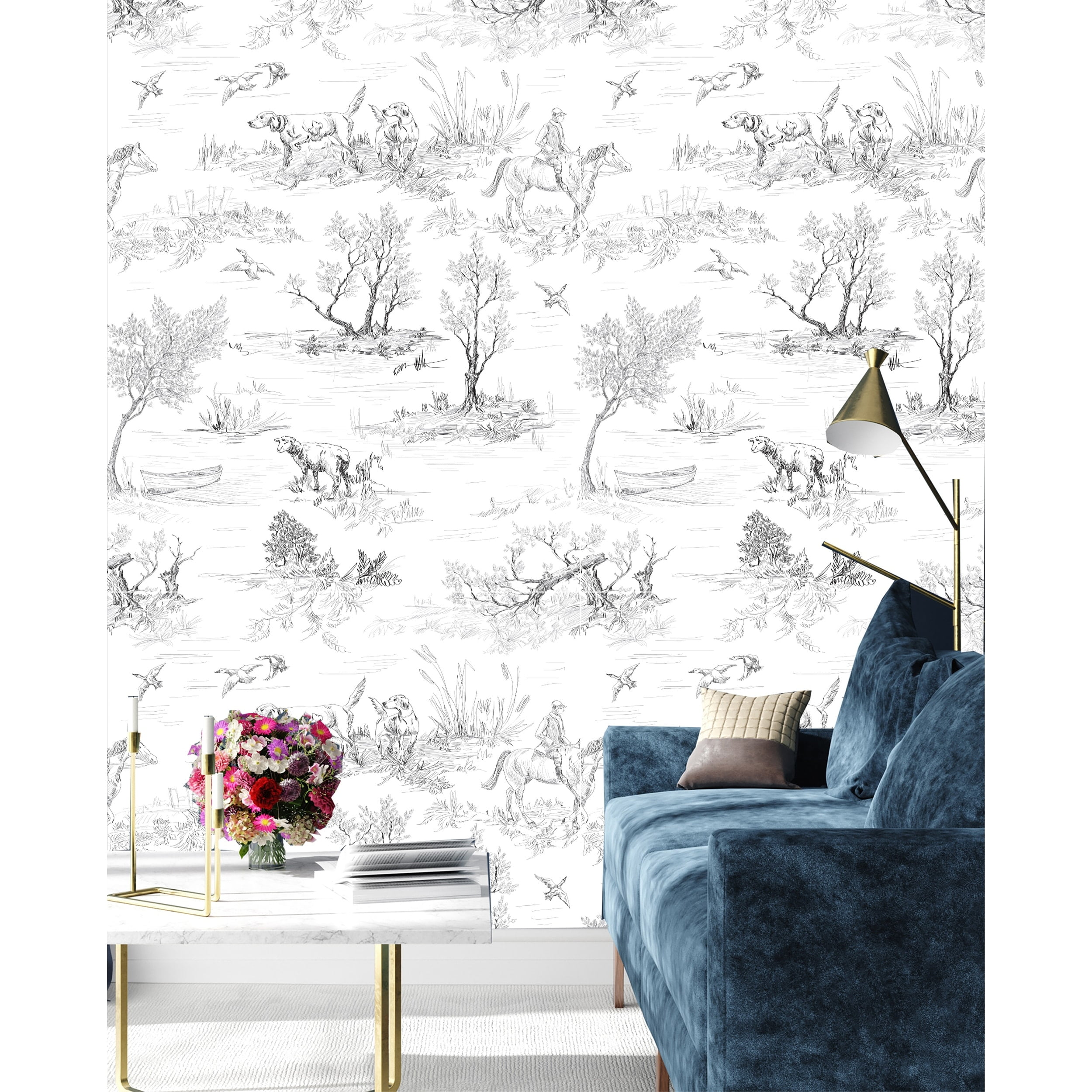 MuralsPrint Toile de Jouy Peel and Stick Wallpaper Floral Self-Adhesive Wall Decor (Brown, 10 ft x 24 in) n5nxf