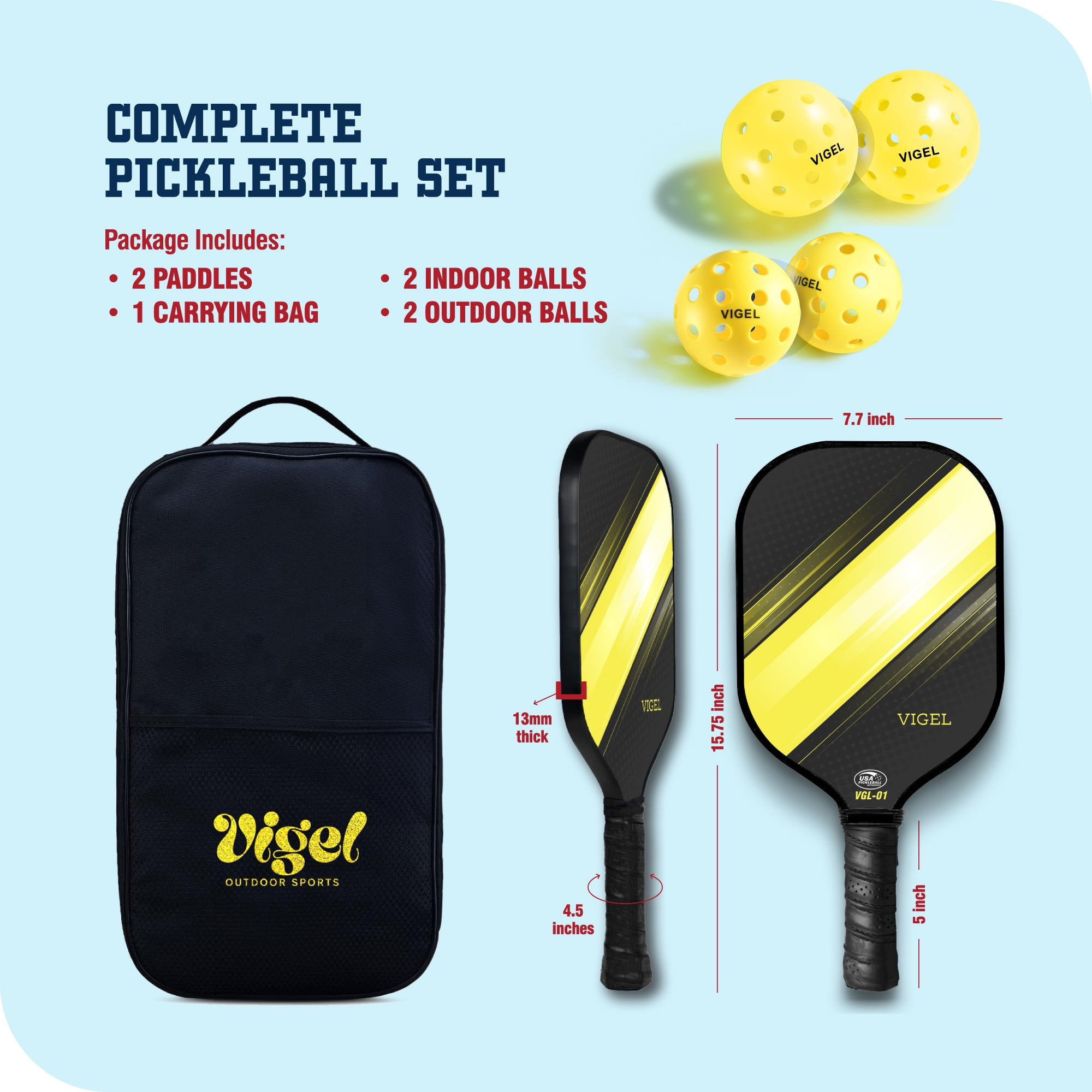 Vigel Pickleball Paddle Set, Professional Fiberglass Rackets with Honeycomb Core (Black, 2-Pack) csnkn - Image 7