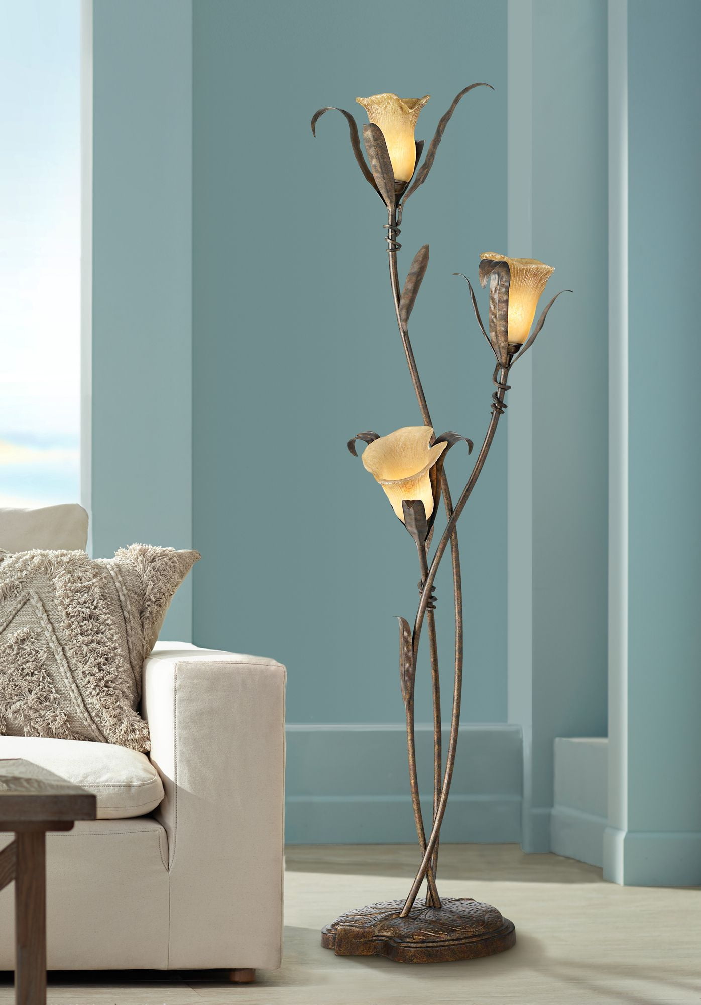Franklin Iron Works Intertwined Lilies Rustic Farmhouse Floor Lamp (Bronze Gold, 68.25 in) q9hdj