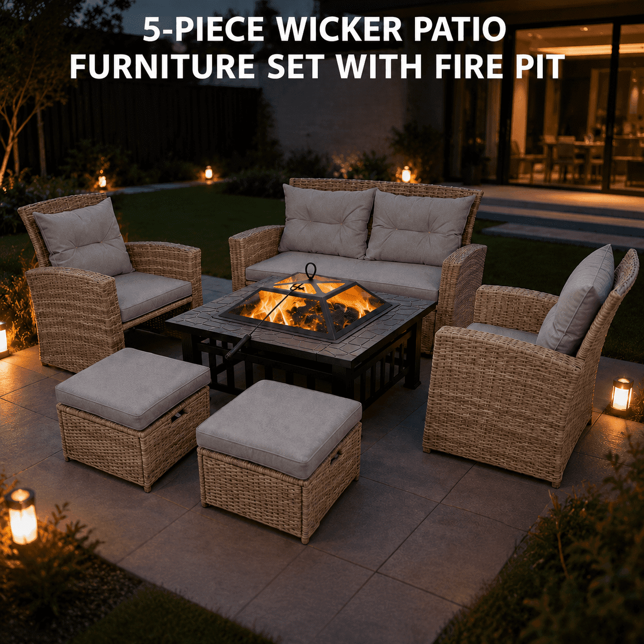 Enyopro 6-Piece Outdoor Patio Furniture Set with 32-inch Fire Pit, All-Weather PE Rattan Conversation Seating (Gray) ba7a8