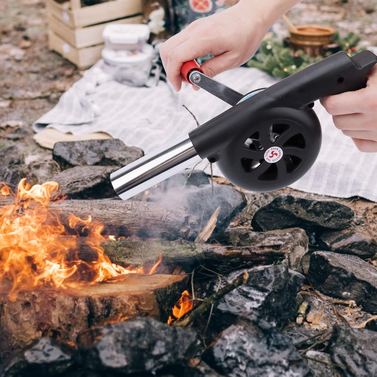 BYXAS Hand Crank BBQ Fan, Portable Manual Air Blower for Outdoor Grilling and Camping (Black, 11.4 in) 3pjbg