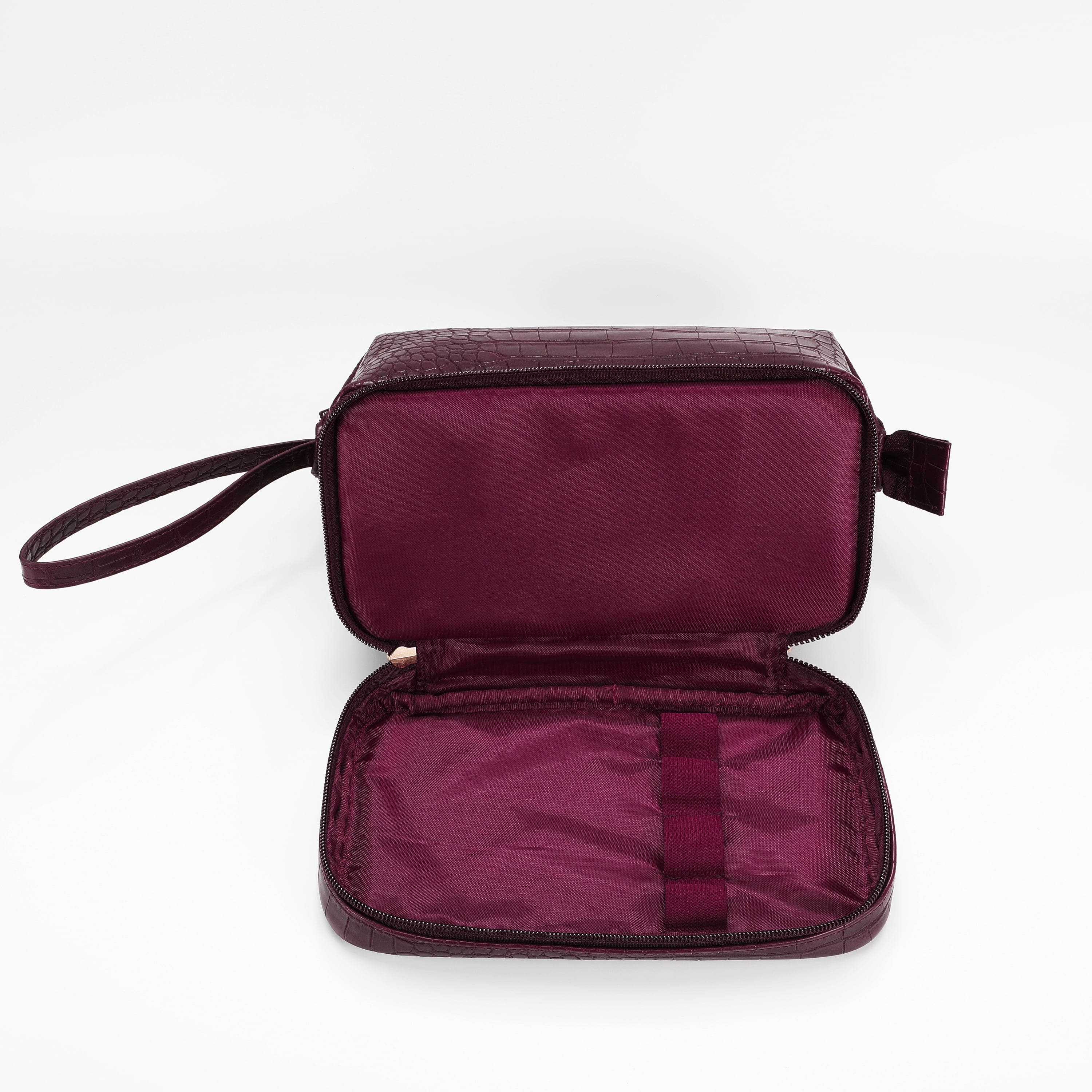 Walmart Deluxe Cosmetic Bag with Wristlet and Extra Storage (Wine Red Croc, 8.85 in x 5.5 in x 4.75 in) 4eq49
