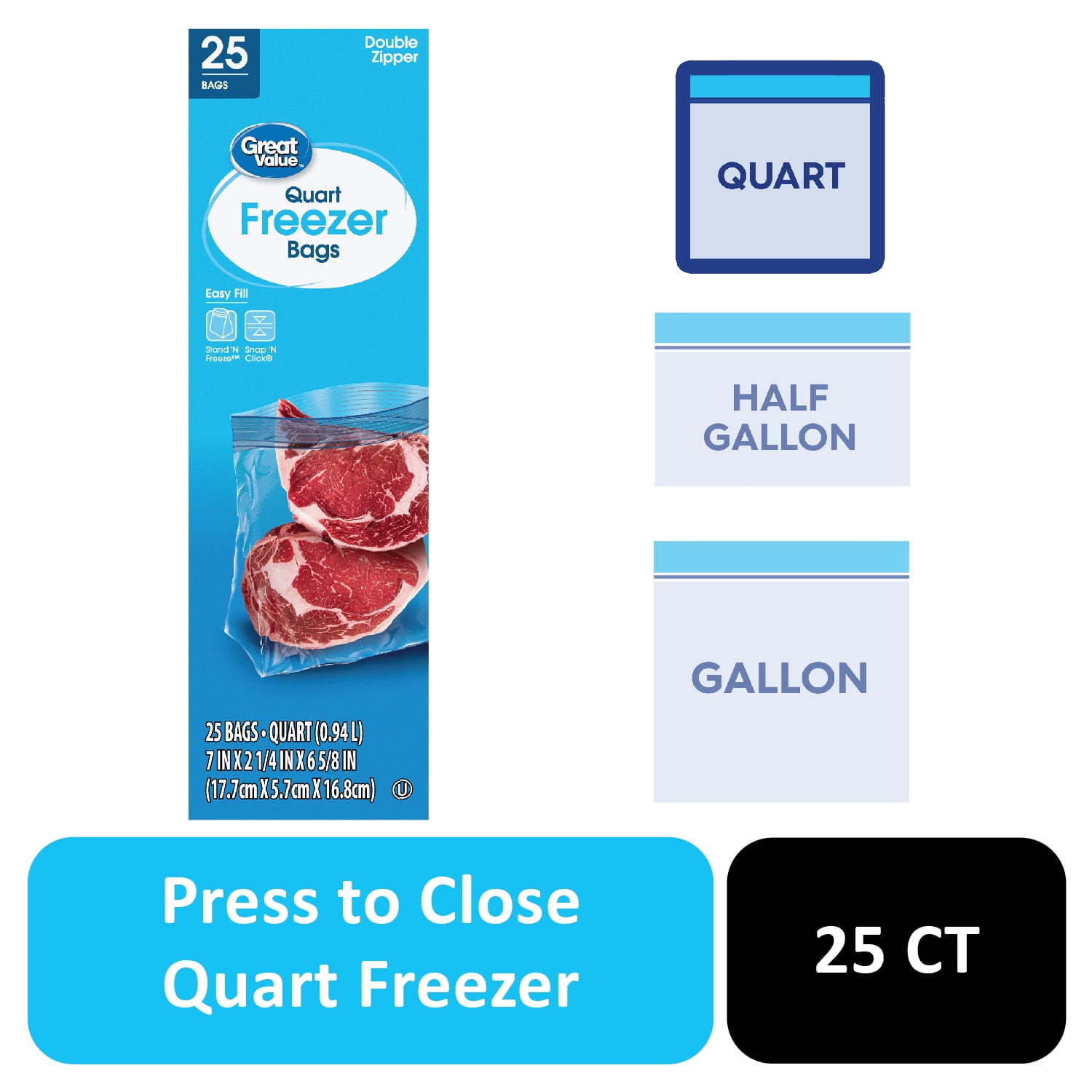 Great Value Freezer Guard Double Zipper Storage Bags (Clear, 25 Count, 7 in x 7.75 in) 9gvm5