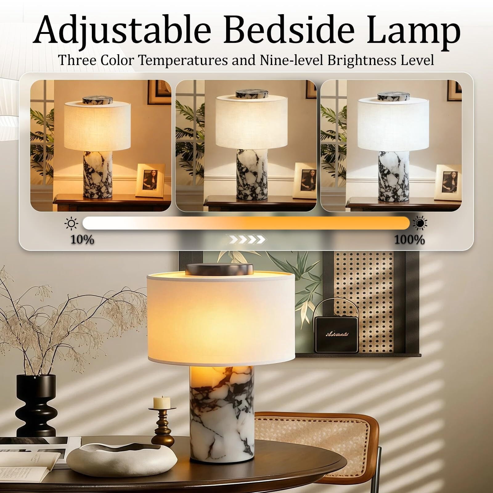 Generic Marble Table Lamp Rechargeable LED Nightstand Light with USB Port (White, 7 in x 10 in) jd5a4
