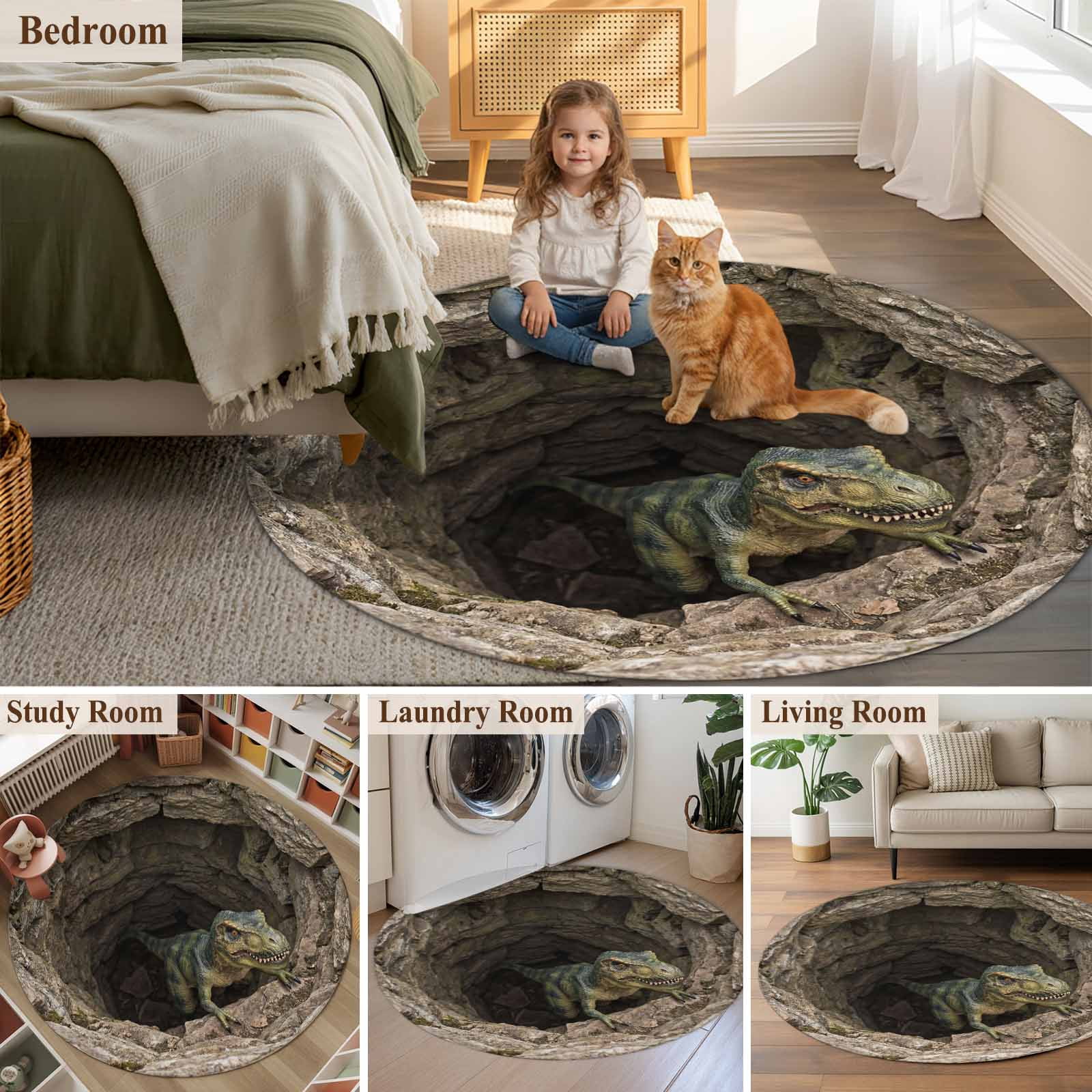 Jacekidy Dinosaur 3D Realistic Cave Area Rug, Non-Slip Machine Washable Indoor Outdoor Floor Mat (Green, 8 ft Round) 9xj1t