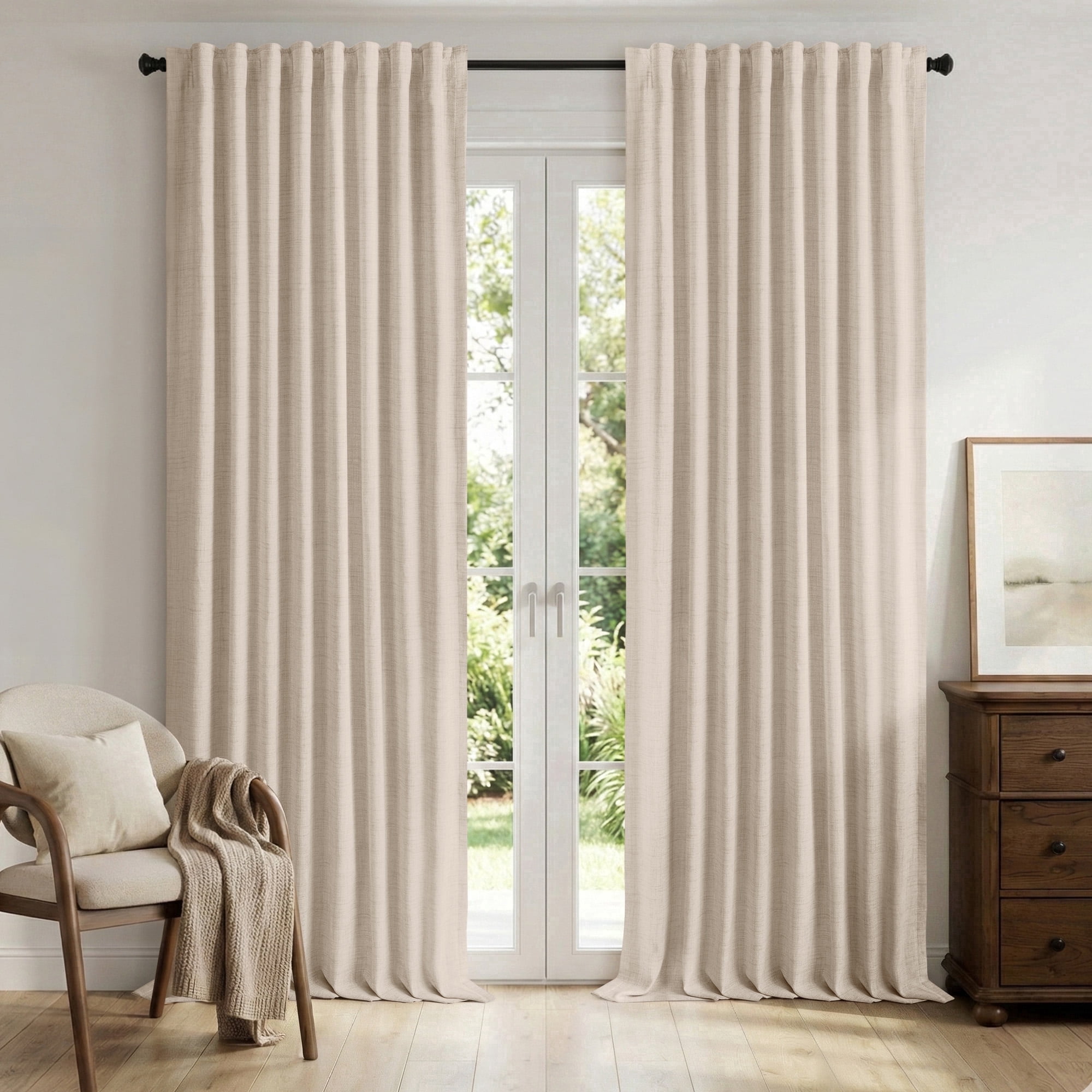 KoshiMe Faux Linen Blackout Curtains Thermal Insulated Window Drapes for Living Room Bedroom (Oatmeal, 84 in) d47rq