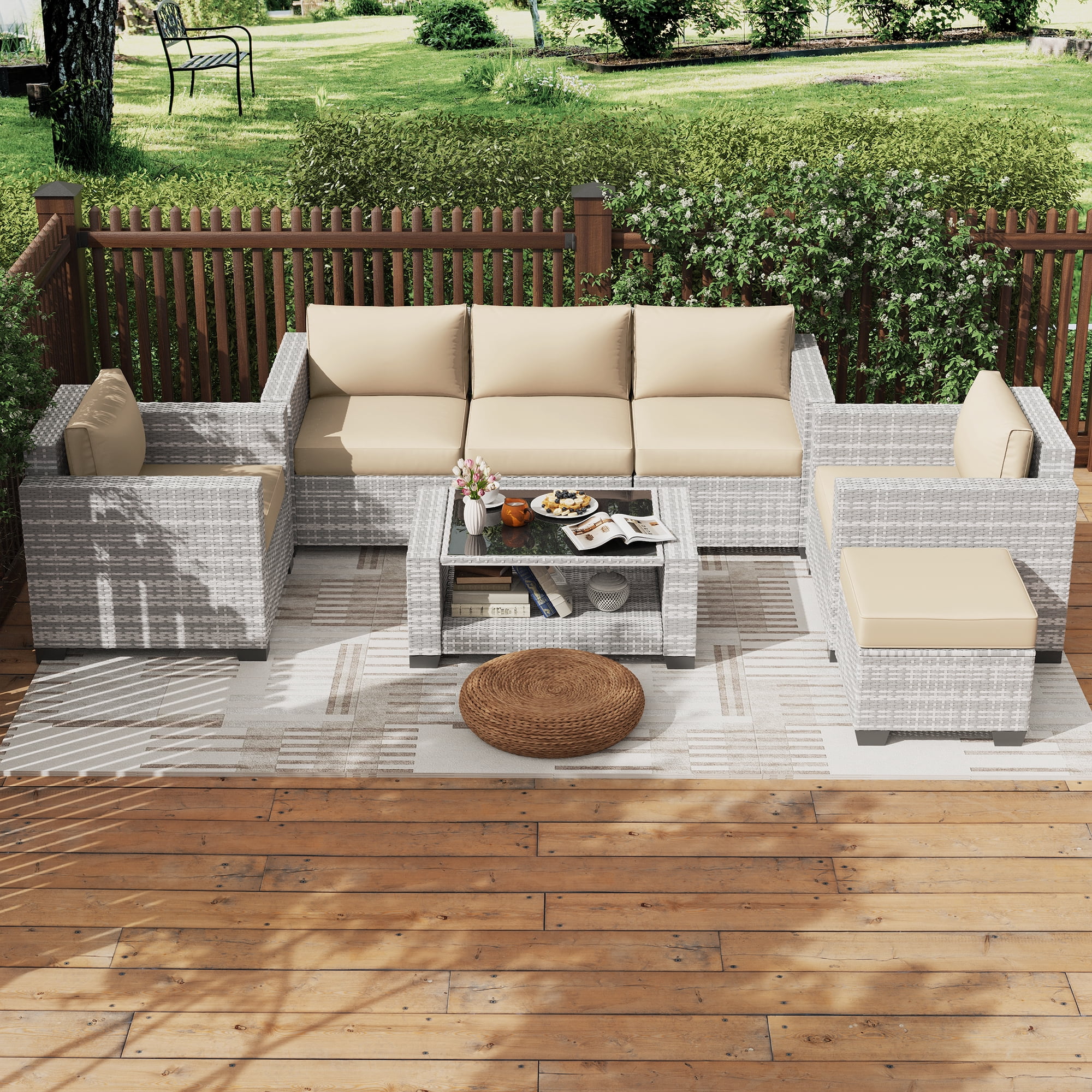 Kigoty 7-Piece Outdoor Patio Furniture Set, Wicker Rattan Sectional Sofa with Coffee Table (Gray-White Rattan, Beige Cushions) n00rz