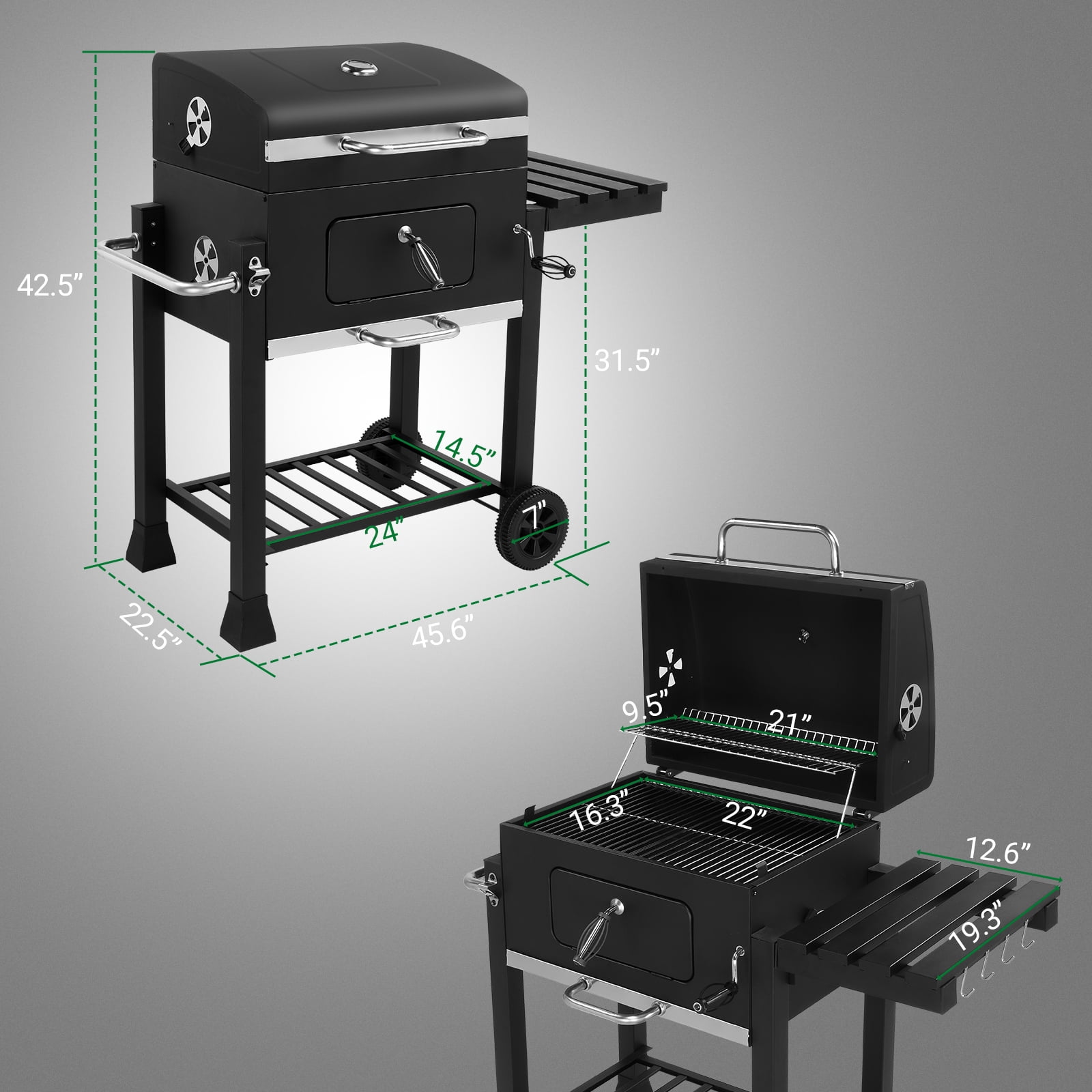 SalonMore BBQ Charcoal Grill Outdoor Barbecue Pit Smoker with Double Grill and Liftable Charcoal Tray (Black) d651f