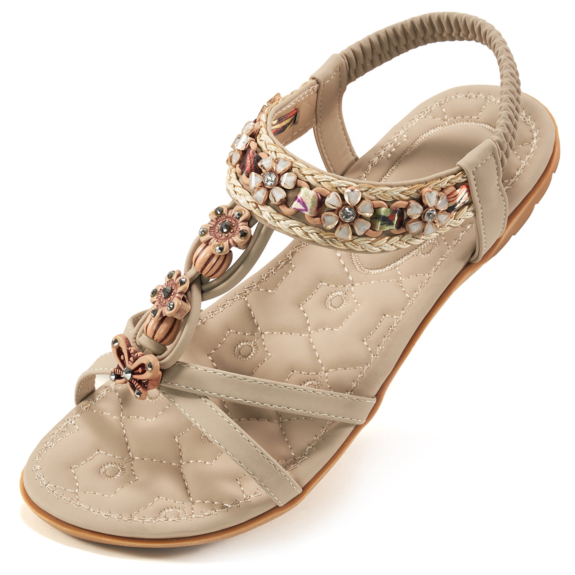 Ablanczoom Womens Beaded Flat Sandals Arch Support Comfortable Summer Beach Shoes (Beige, 8) 7wcki
