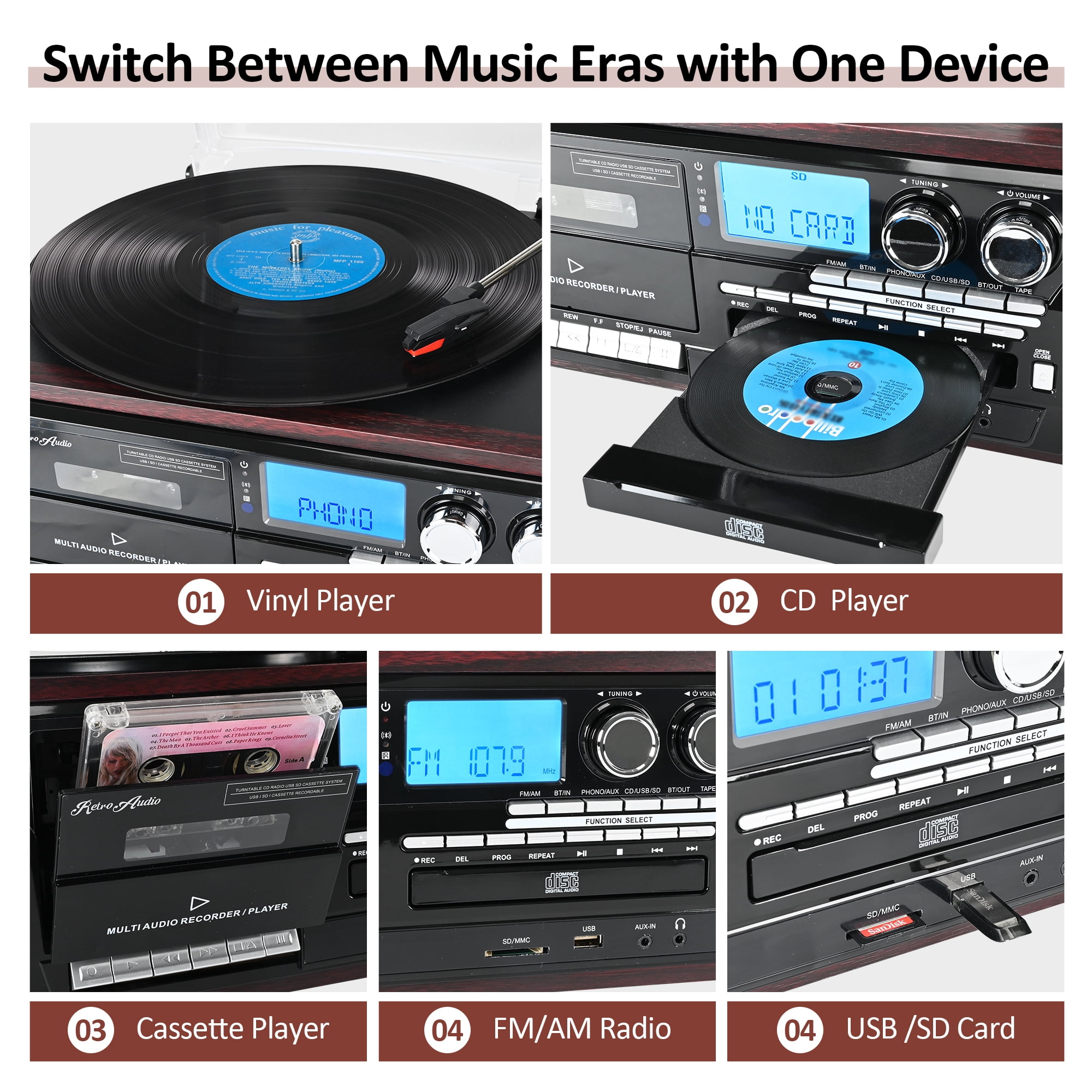 RetroAudio 10-in-1 Vintage Turntable System with Bluetooth, CD, Cassette, AM/FM Radio, and USB Recording (Red) 6i40e