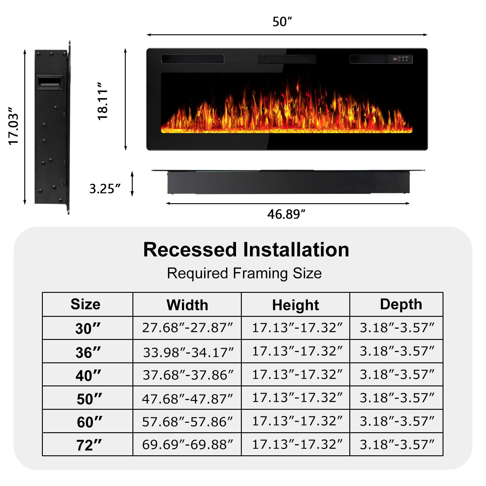 Waleaf 50 in Ultra Thin Electric Fireplace Heater, Recessed Wall Mounted Fireplace with Multicolor Flame and Remote Control (Black, 50 in) rbkrs