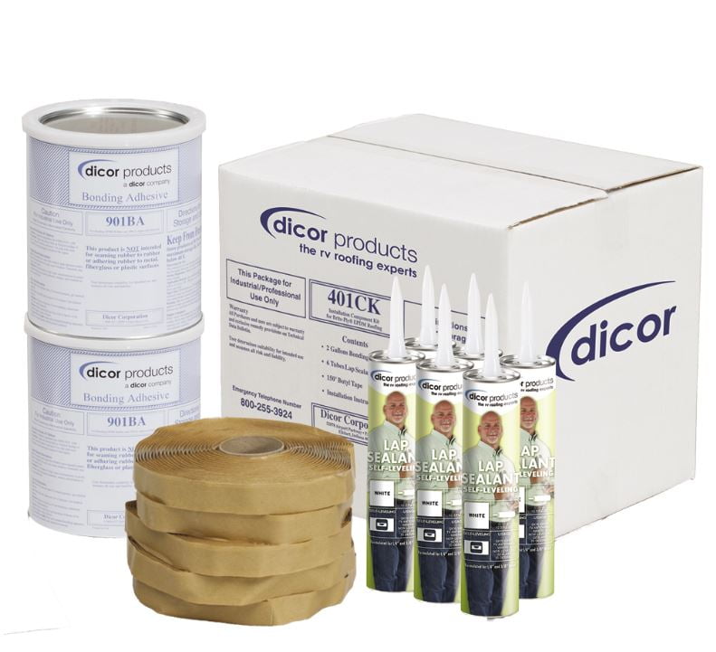 Dicor 401-CK-D RV Rubber Roof Repair Kit with Bonding Adhesive, Butyl Tape, and Lap Sealant (White, 34 lb) p5098