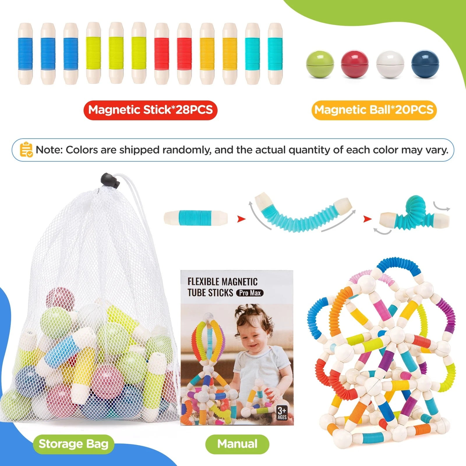Toiyjofe Magnetic Building Set STEM Construction Toy with Flexible Tubes and Balls (48-Piece Set) 988m1