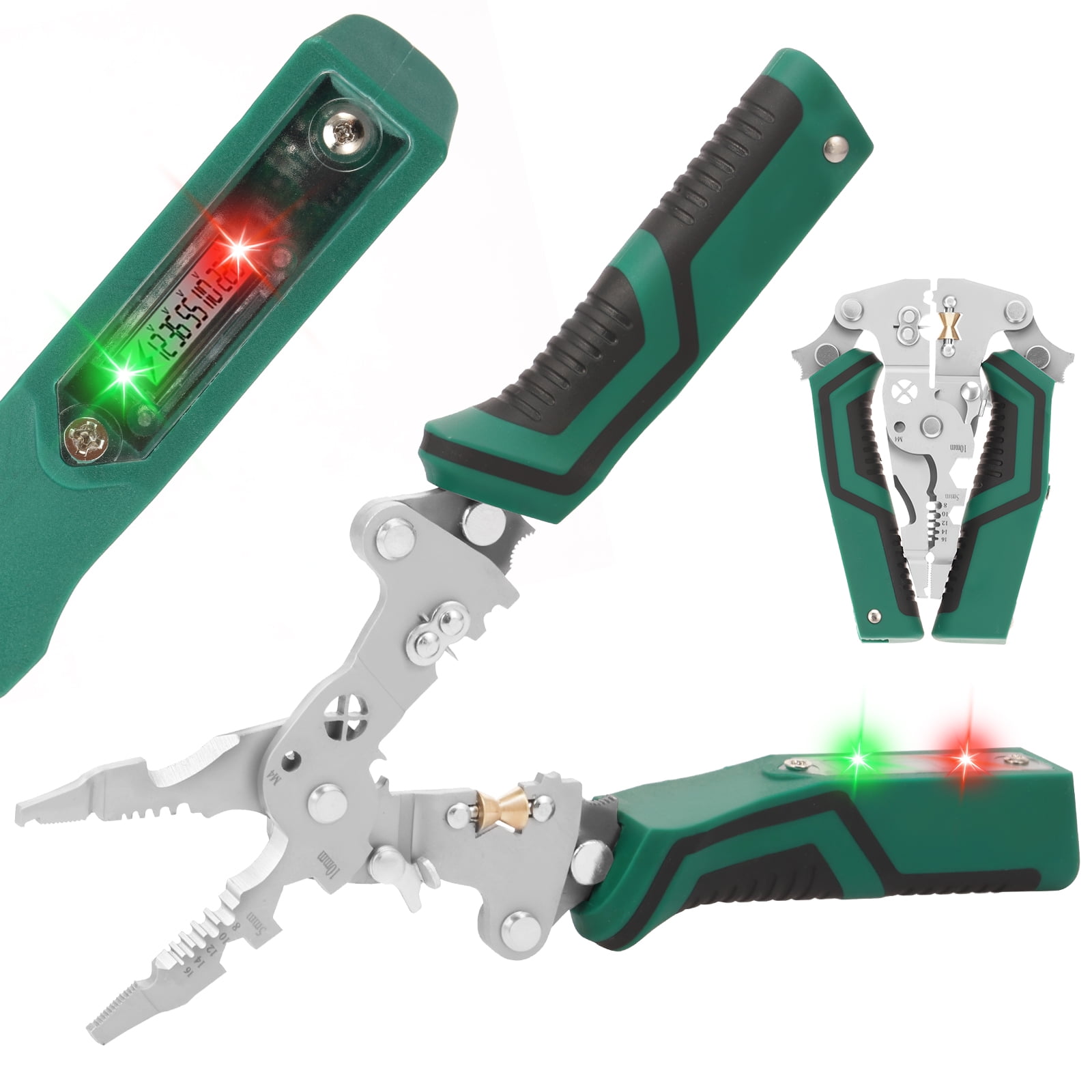 Wakehye 18-in-1 Foldable Wire Stripper with Voltage Tester and Crimping Tool (Green, 8-16 AWG) c1zfn