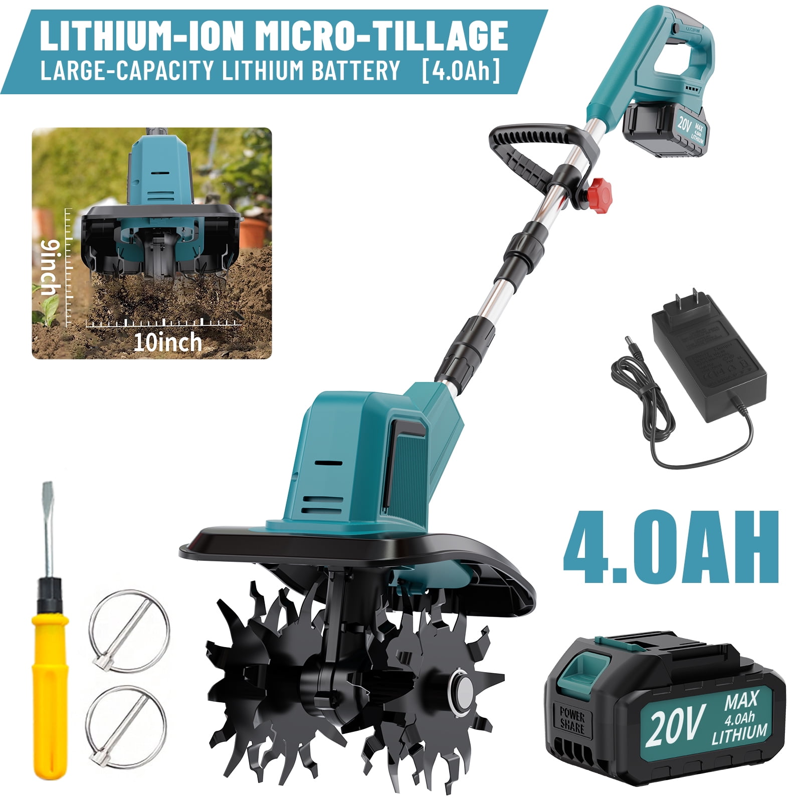 WM 20V Cordless Electric Tiller, 10-inch Garden Cultivator, High-Torque Soil Tilling Tool (4.0Ah Battery & Fast Charger) xkq0h