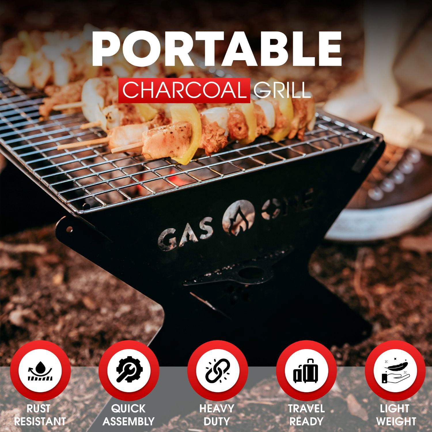 Gas One Portable Charcoal Grill, Foldable BBQ Grill for Camping and Backyard (15 in) ze38s
