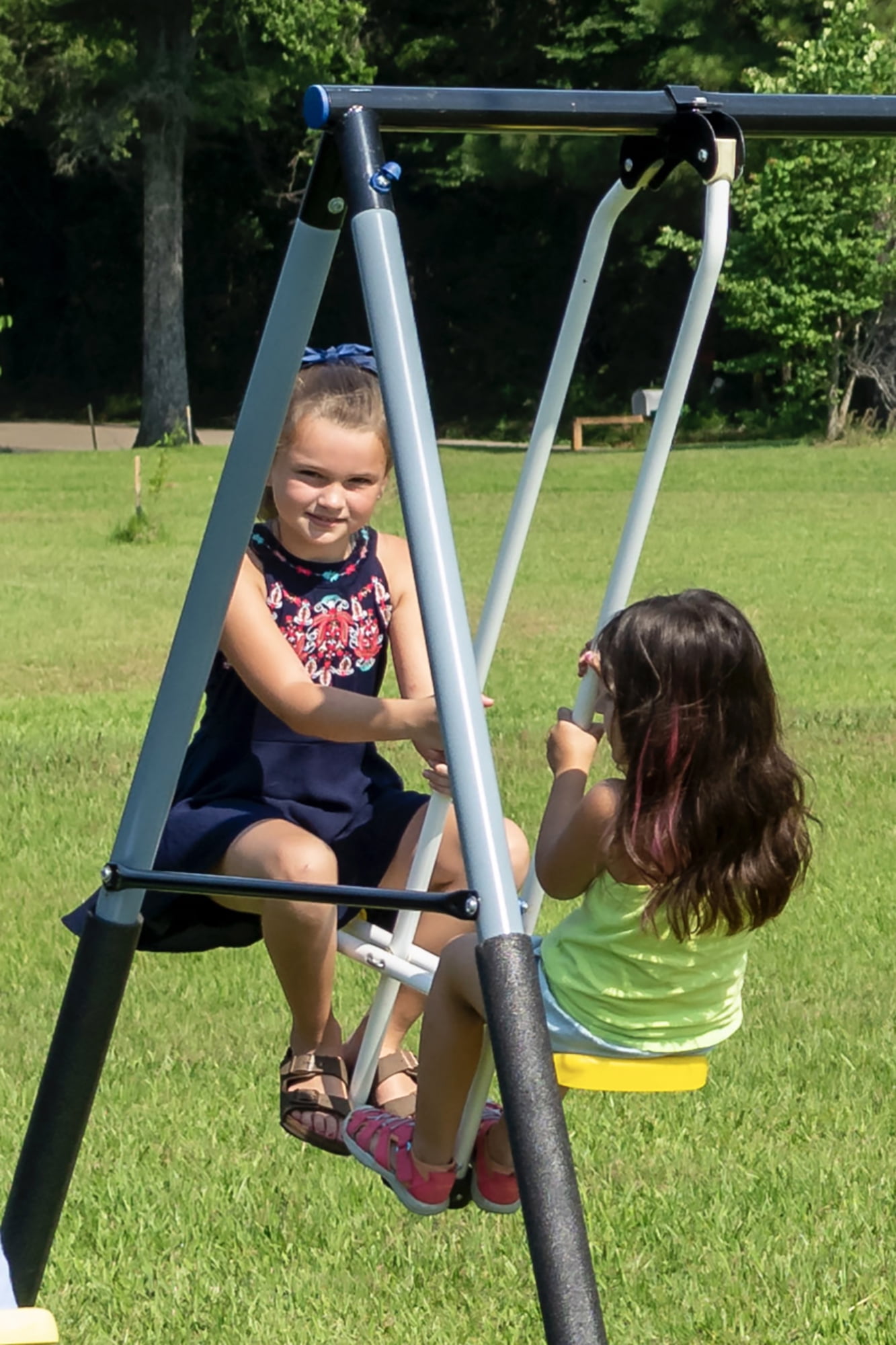 XDP Recreation Rising Sun Metal Swing Set with Slide, Seesaw, and Glider (Yellow, 10-Child Capacity) 1zow3