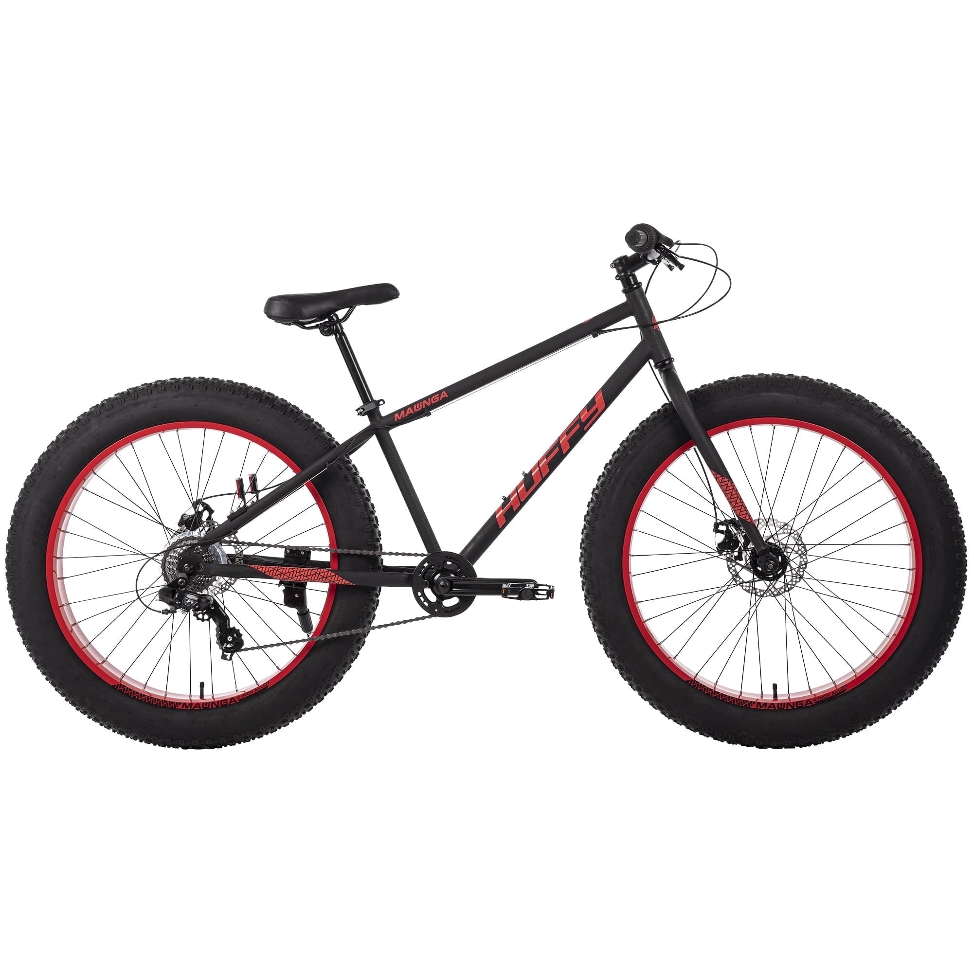 Huffy Maunga Fat Tire Mountain Bike, Durable Steel Frame, 7-Speed Shimano Drivetrain, Disc Brakes (Black/Red, 26 in) m5cel
