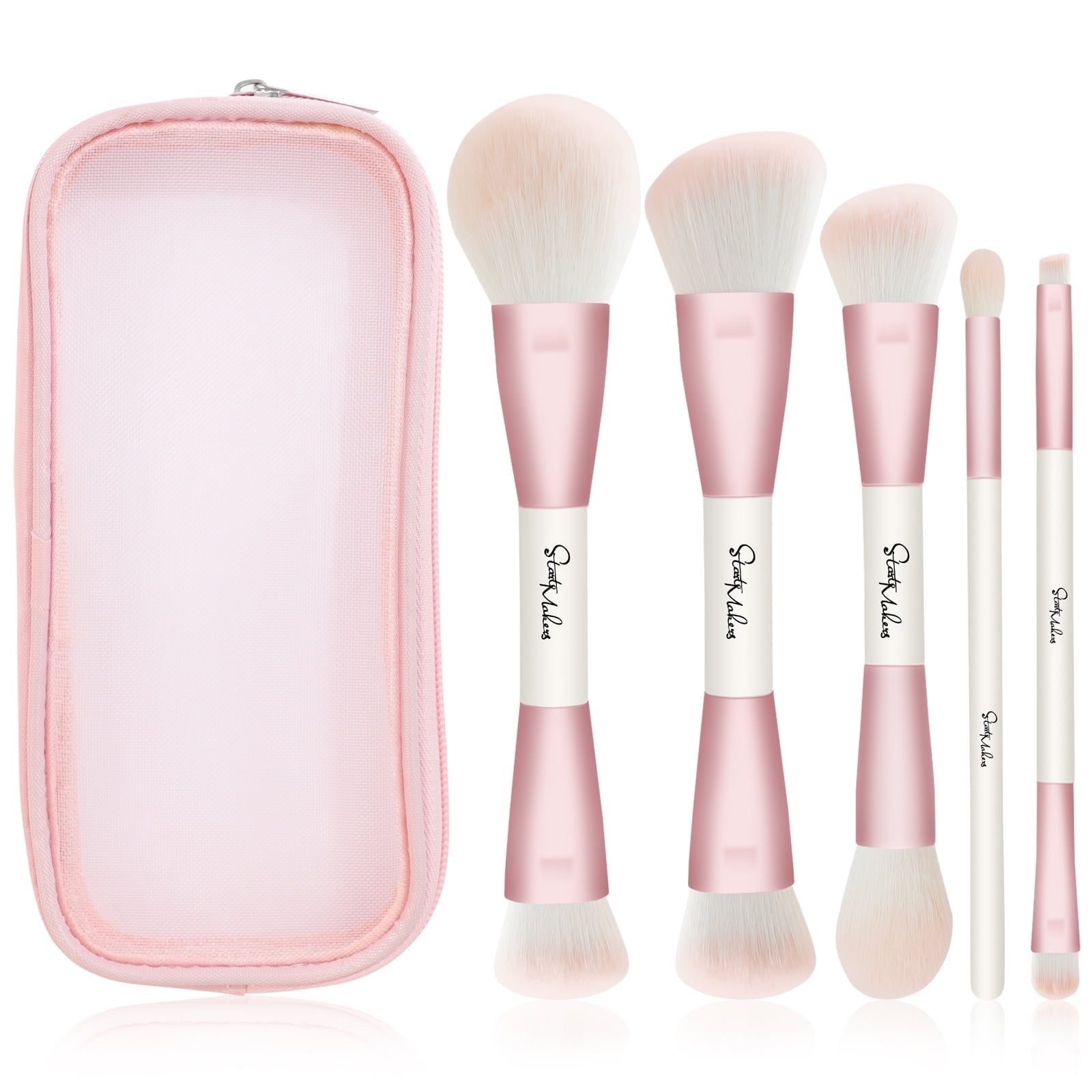 DUAIU Makeup Brush Set, 5Pcs Professional Double-Ended Face and Eye Brushes for Foundation Contour Blush (Pink, 5-Piece Set) fbeje