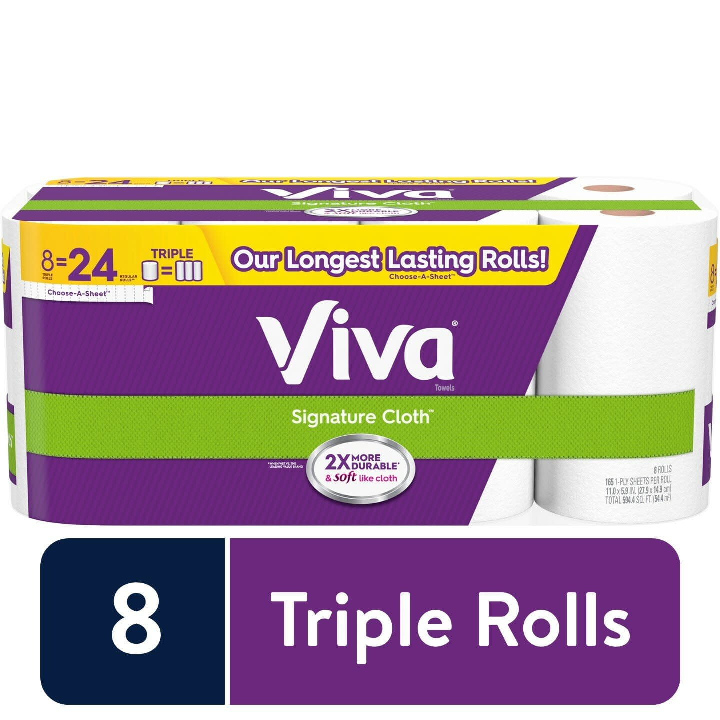 Viva Signature Cloth Paper Towels, Choose-A-Sheet, Durable Absorbent Cleaning Sheets (White, 8 Triple Rolls) vbt76