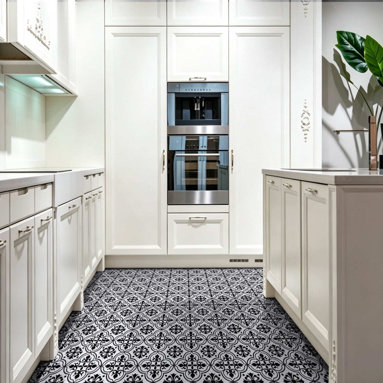 Abyssaly Peel and Stick Vinyl Flooring Tile, Waterproof Self-Adhesive Decorative Floor Covering for Kitchen and Bathroom (Black and White Flower, 15.7 in x 157.5 in) x09m8