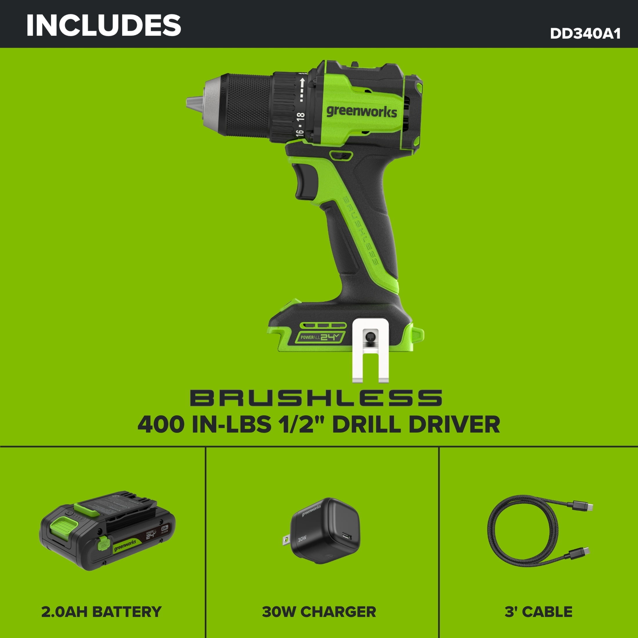 Greenworks PowerAll 24V Brushless Cordless Drill Driver with 2 Ah Battery (Green, 1/2 in) 69nzi