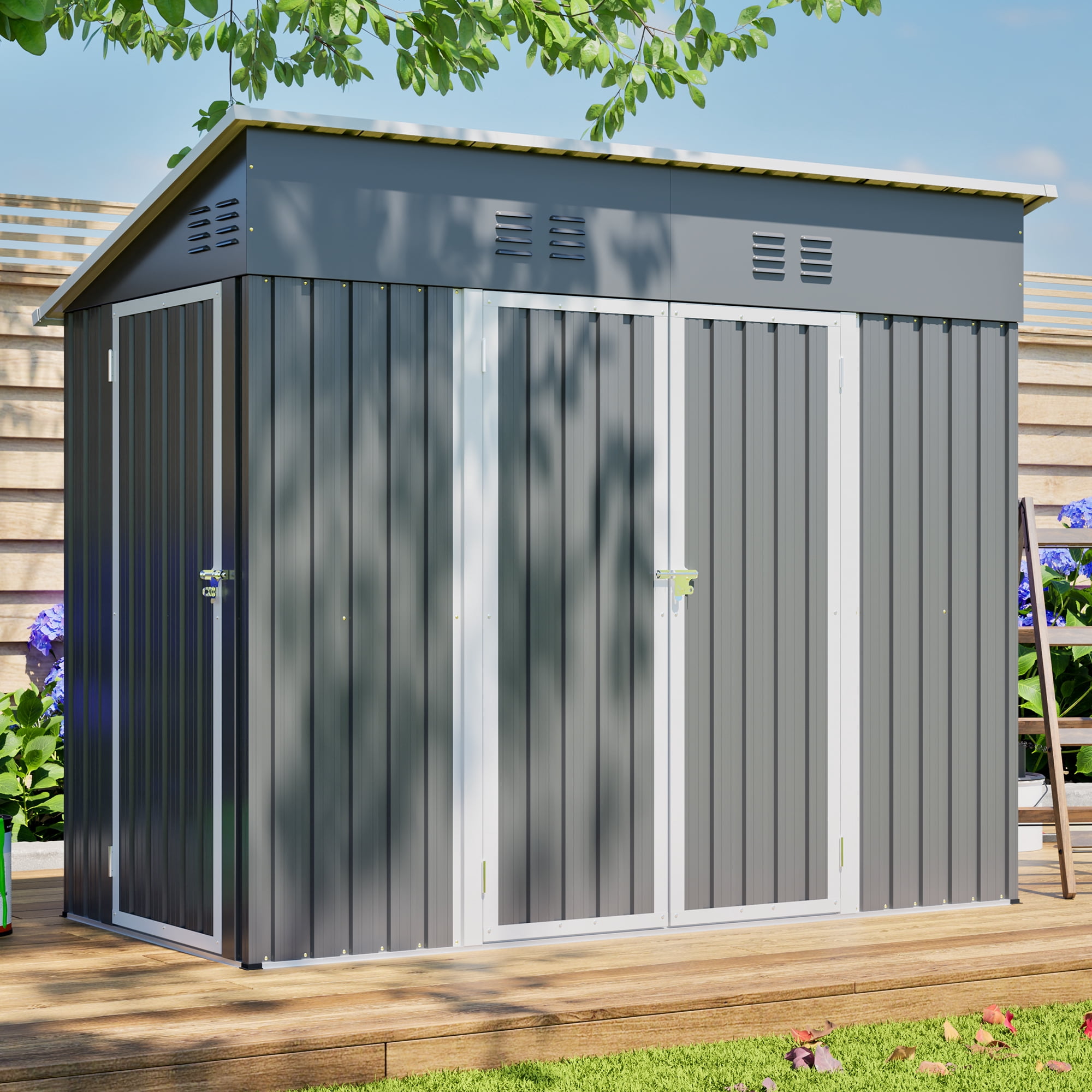 LZBEITEM Outdoor Metal Storage Shed, Weather-Resistant Garden Tool Shed with Galvanized Floor Frame (Grey, 8 ft x 4 ft) ere2c