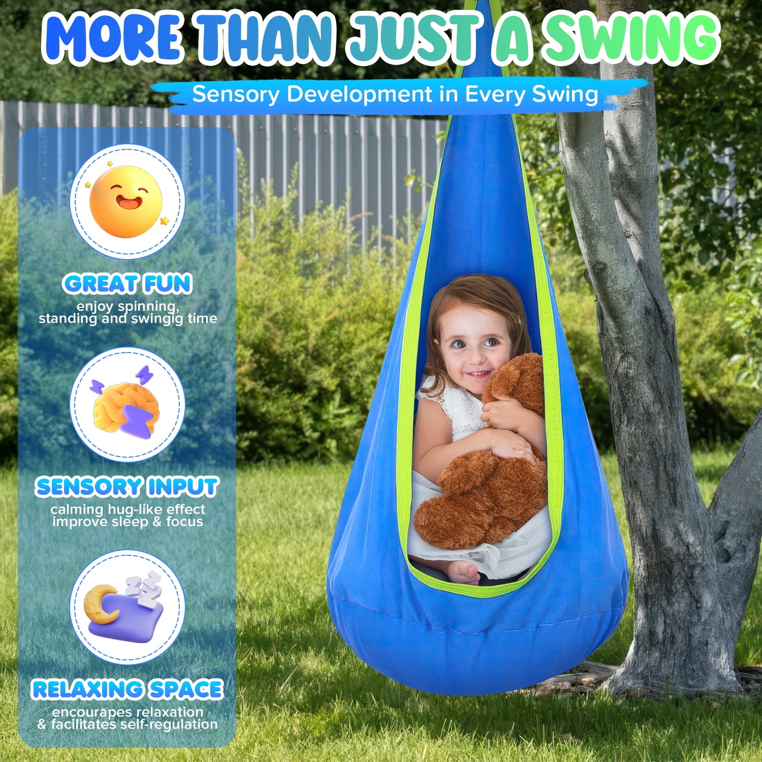 UQN Kids Pod Swing Seat, LED Light Up Hanging Hammock Chair with Inflatable Pillow, Sensory Swing for Indoor and Outdoor Use (176 lb Capacity) svgl9