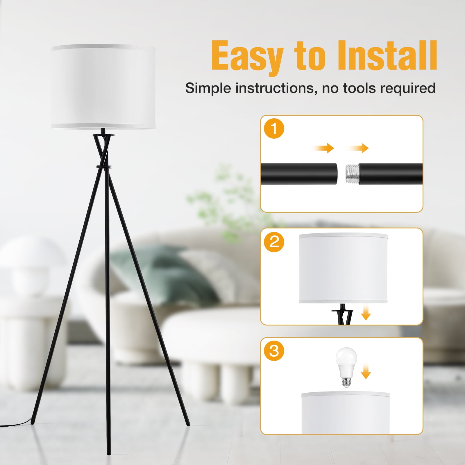 NATYSWAN Modern Tripod Floor Lamp for Living Room, Tall Standing Lamp with White Fabric Shade (Black, 61 in) 1e2dr