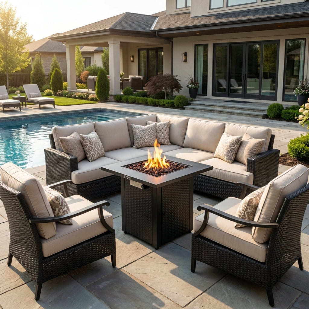 Legacy Heating 28 in Square Wicker Propane Fire Pit Table, Outdoor Patio Heater with Lava Rocks (Brown, 28 in x 28 in x 24 in) nqukh