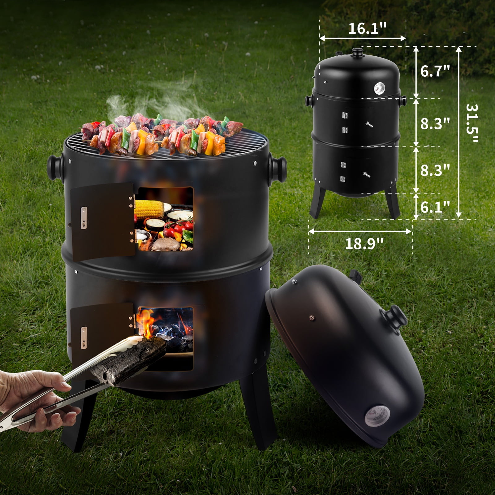 Seizeen 16 in 3-in-1 Charcoal Smoker and Grill, Portable Outdoor BBQ Fire Pit with Double-layer Design (Black, 16 in) ad42i