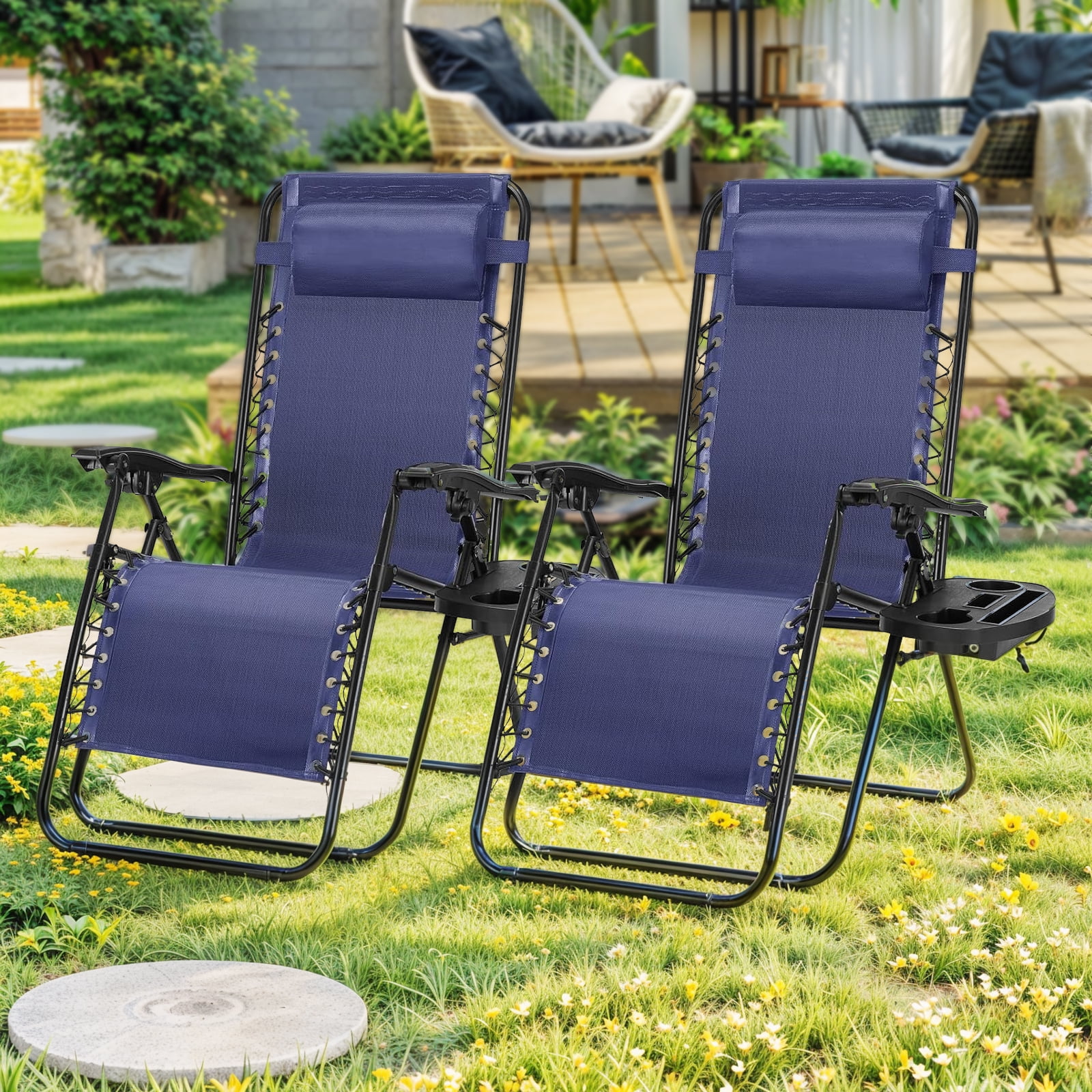 BIGLEAP Zero Gravity Recliner Chairs, Portable Folding Lounge Chairs with Cup Holder Trays and Adjustable Pillows (Blue, Set of 2) pu911
