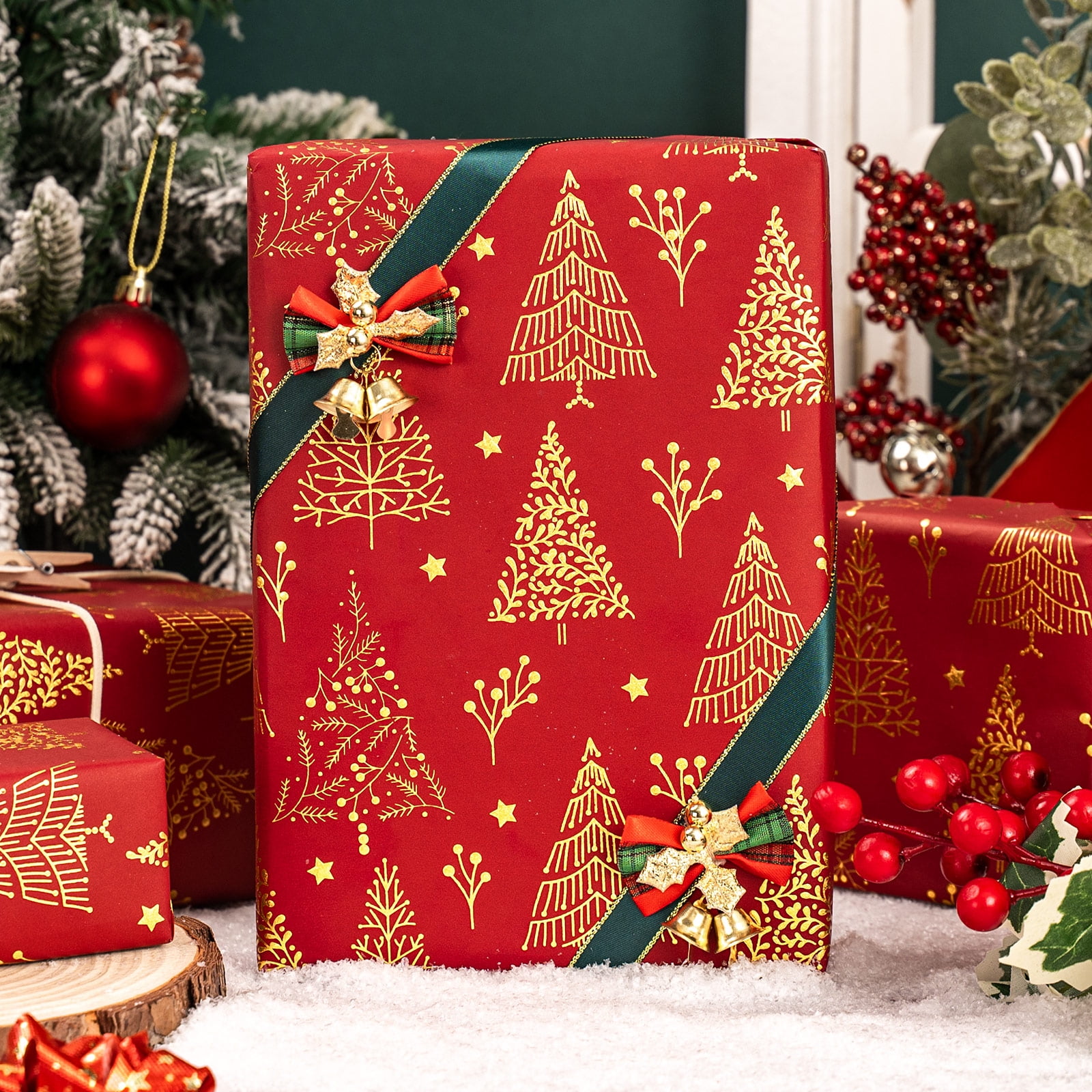 HOMERAL Christmas Wrapping Paper Roll (3D Embossed Metallic Foil Design, Red, 17 in x 33 ft) w29yq