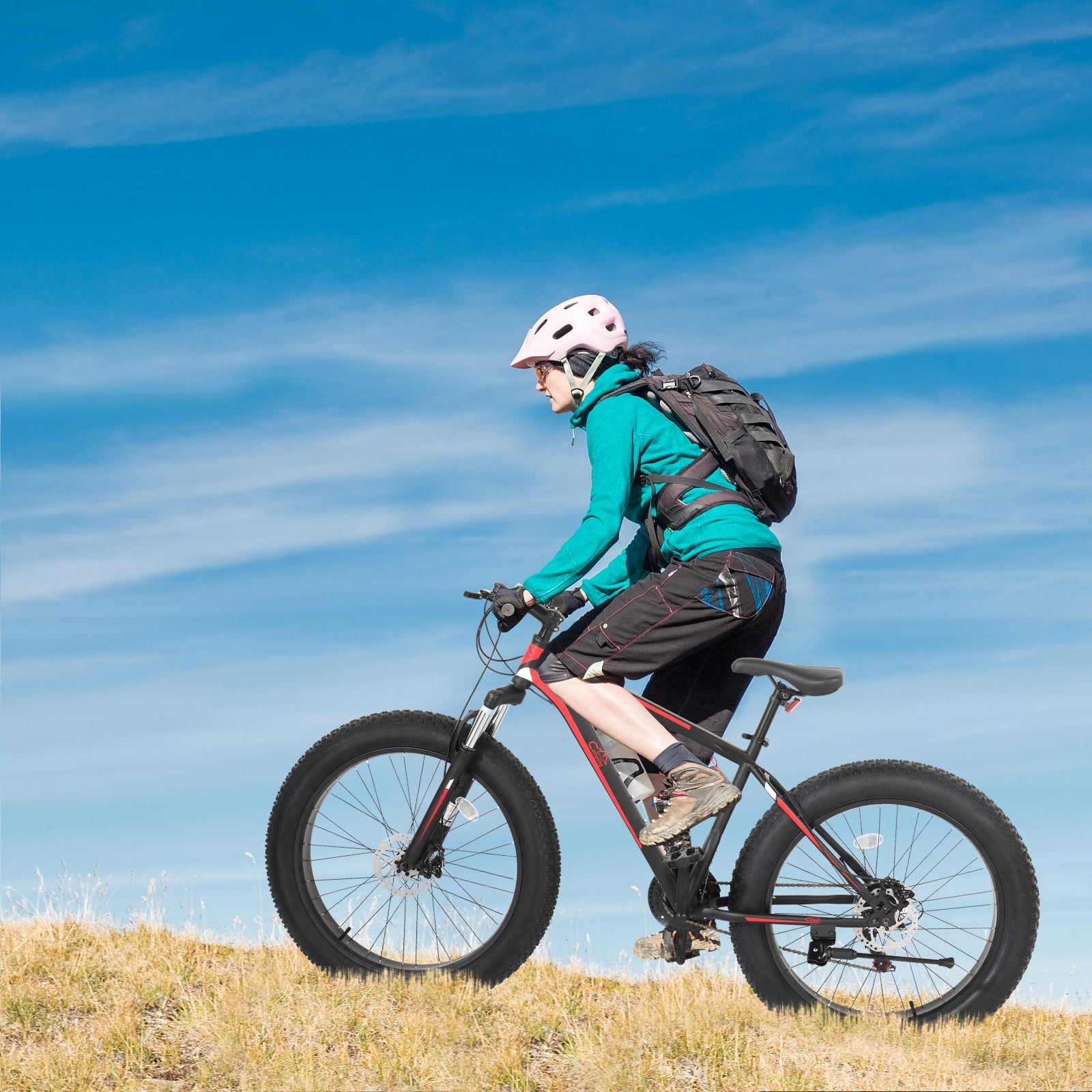 Camping Survival 26in Fat Tire Mountain Bike, 21-Speed Shimano Drivetrain, High Carbon Steel Frame (Red/Black, 26 in) o2xjj