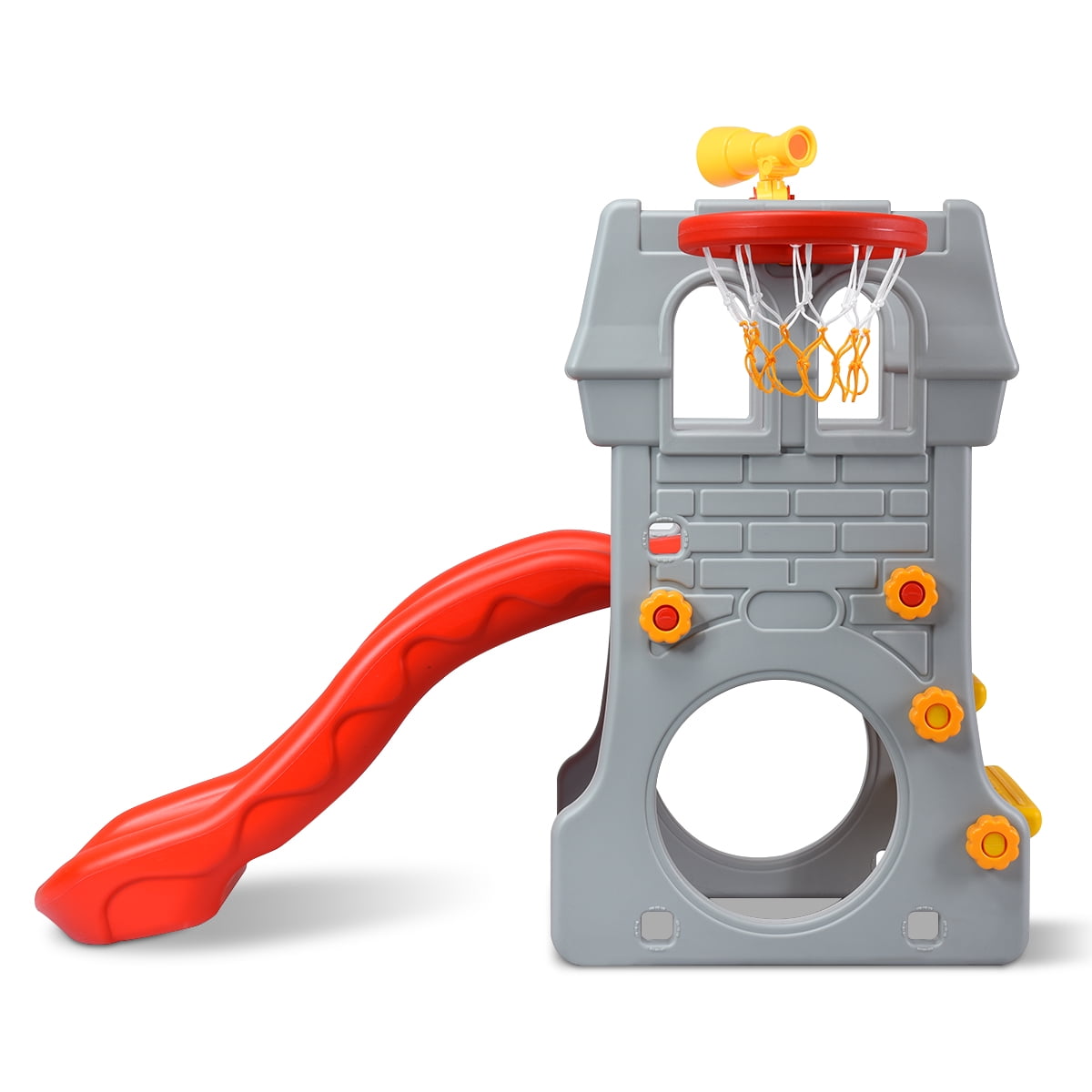 Costway Kids Castle Play Slide with Basketball Hoop and Telescope (Red, 54.5 in x 36.5 in x 45 in) fgnss