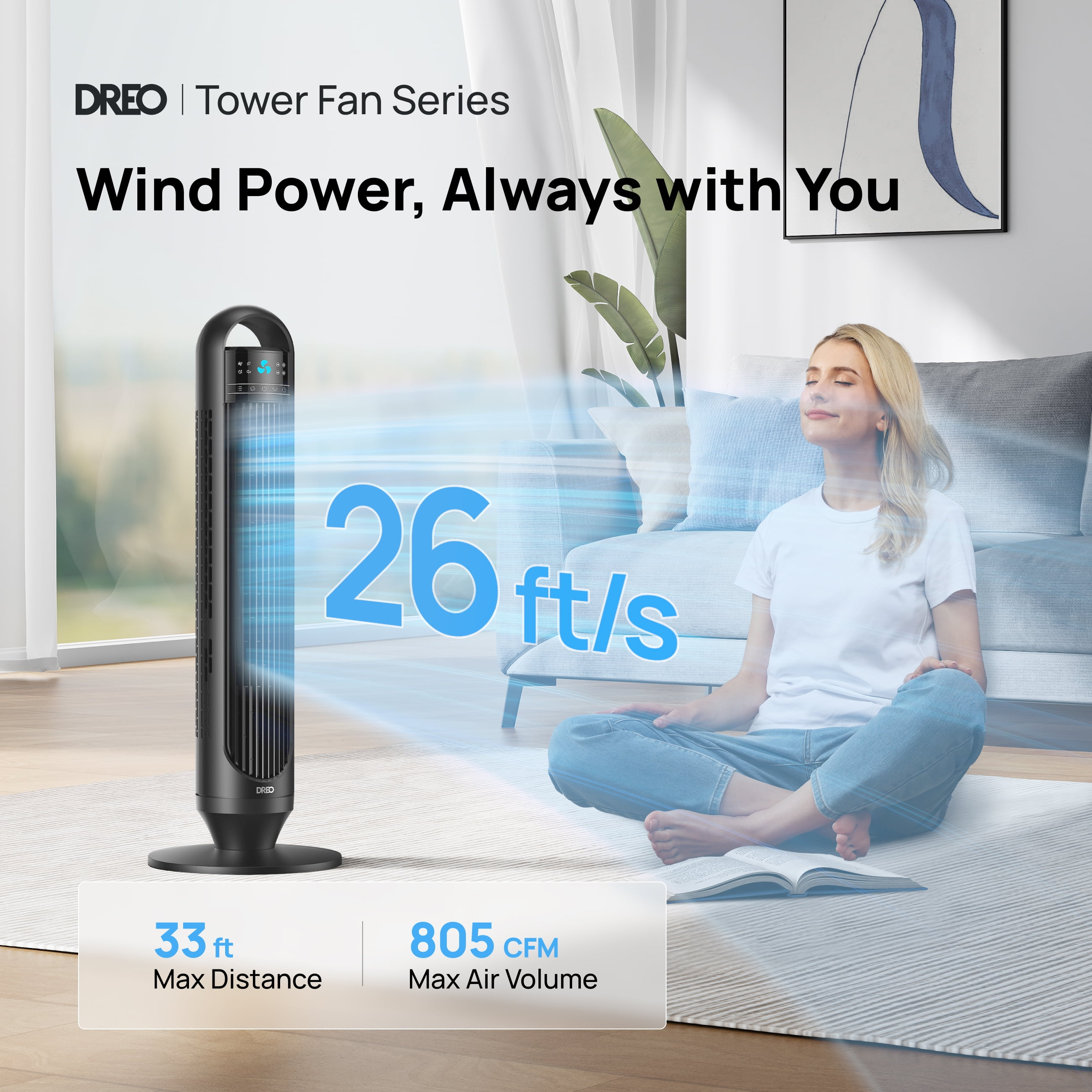DREO Tower Fan for Home, 32 in Standing Floor Fan with Remote, 90° Oscillating Bladeless Fan, 3 Speeds, Quiet Operation (Black, 32 in) 2j6mi