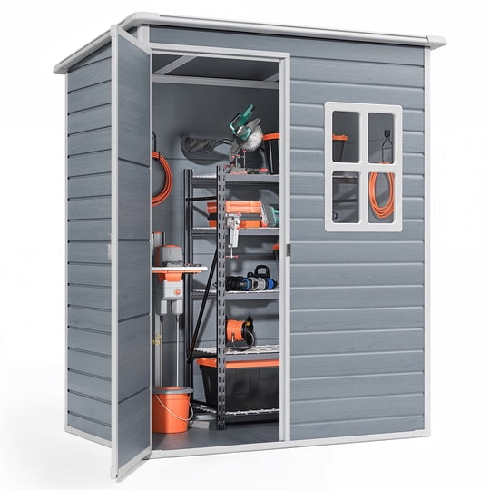 Aiho Outdoor Plastic Storage Shed with Window, Weather-Resistant Garden Tool House (Light Gray, 5 ft x 3 ft) fm7c3