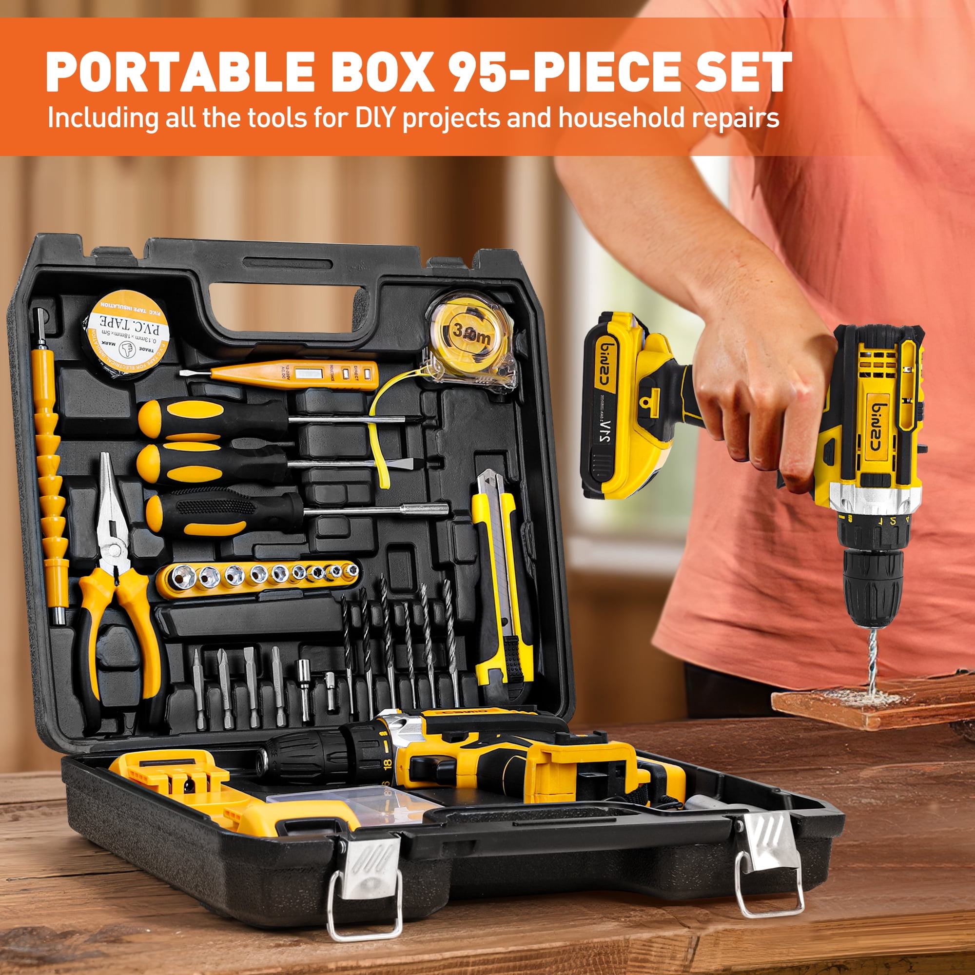 Cshidworld 21V Cordless Drill Power Tool Kit with 95-Piece Repair Set and Storage Case (Yellow, 95-Piece) 4po7p