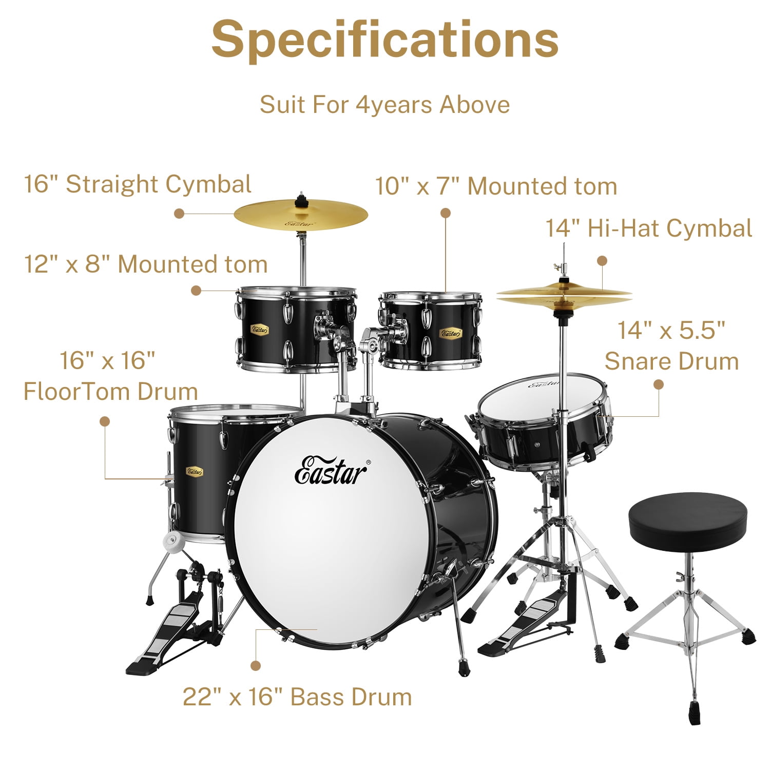 Eastar 5-Piece Full-Size Drum Set for Adults and Teens, Beginner Percussion Kit with Cymbals, Hardware, and Stool (Mirror Black, 22 in) f1qhk