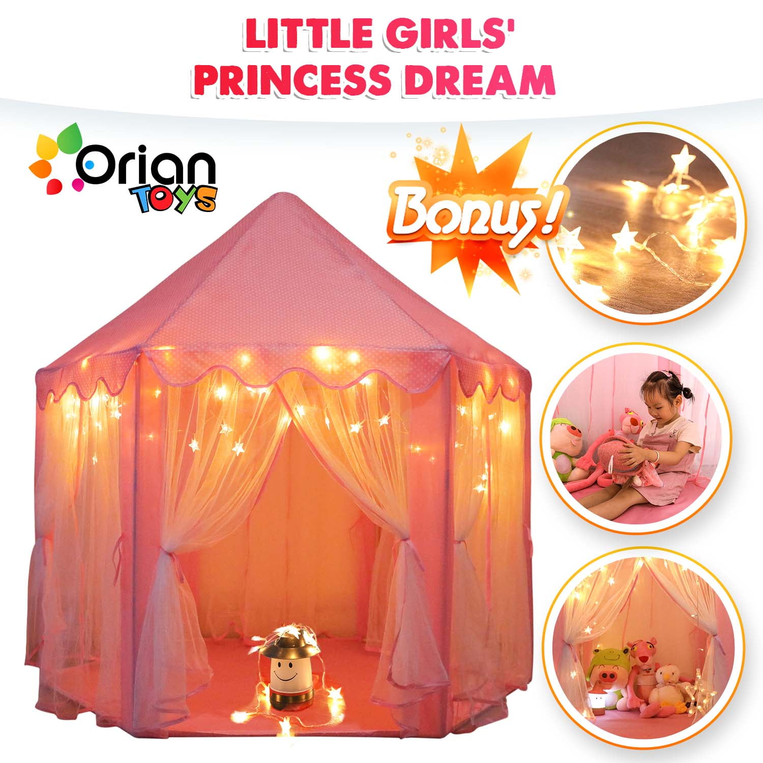 ORIAN TOYS Princess Castle Playhouse Tent with LED Star Lights, Indoor & Outdoor Kids Play Tent (Pink, 55 in x 53 in) qufwh
