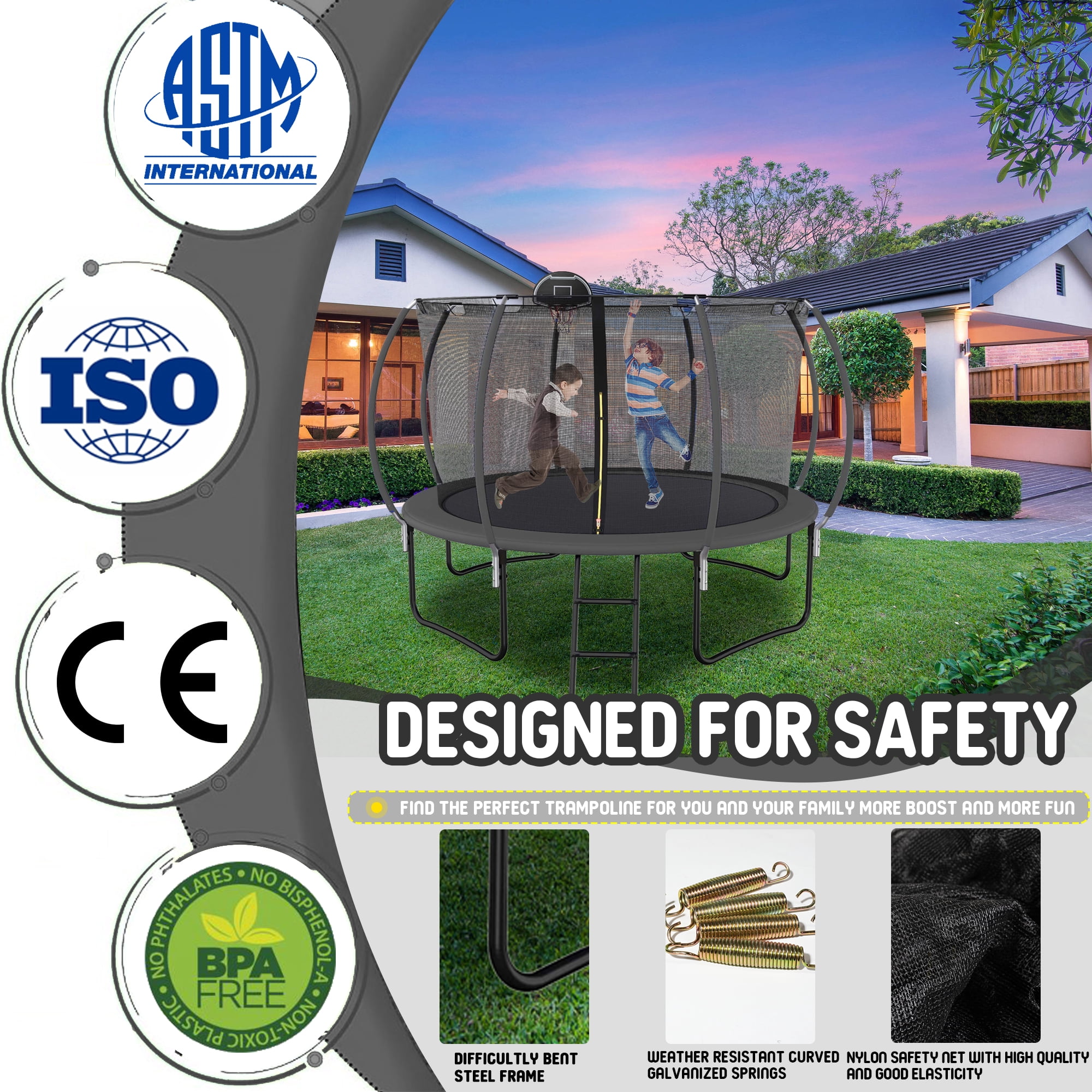 Shengchao Trade 12ft Recreational Trampoline with Safety Enclosure, Basketball Hoop, and Ladder (Black, 1000 lb) ojoir