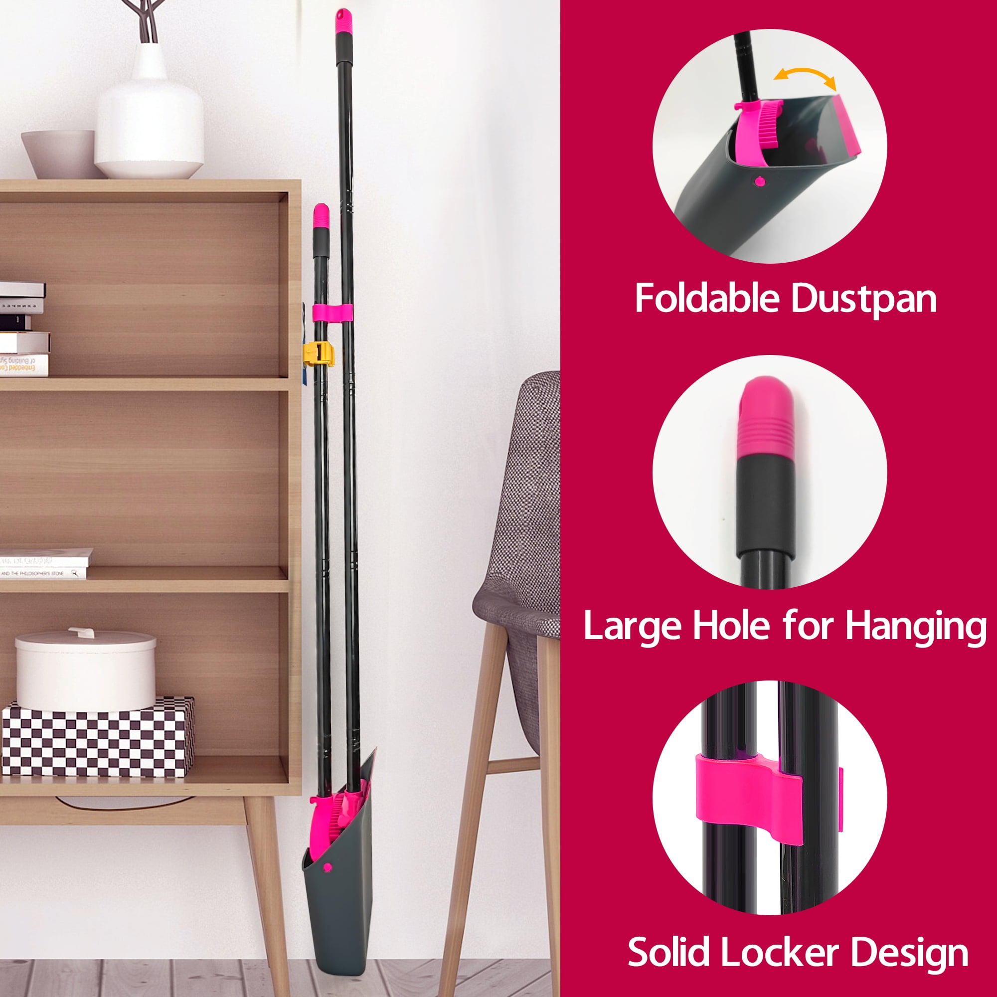 JEHONN Broom and Dustpan Set with Long Handle (Rose Red, 52.4 in) eig8u