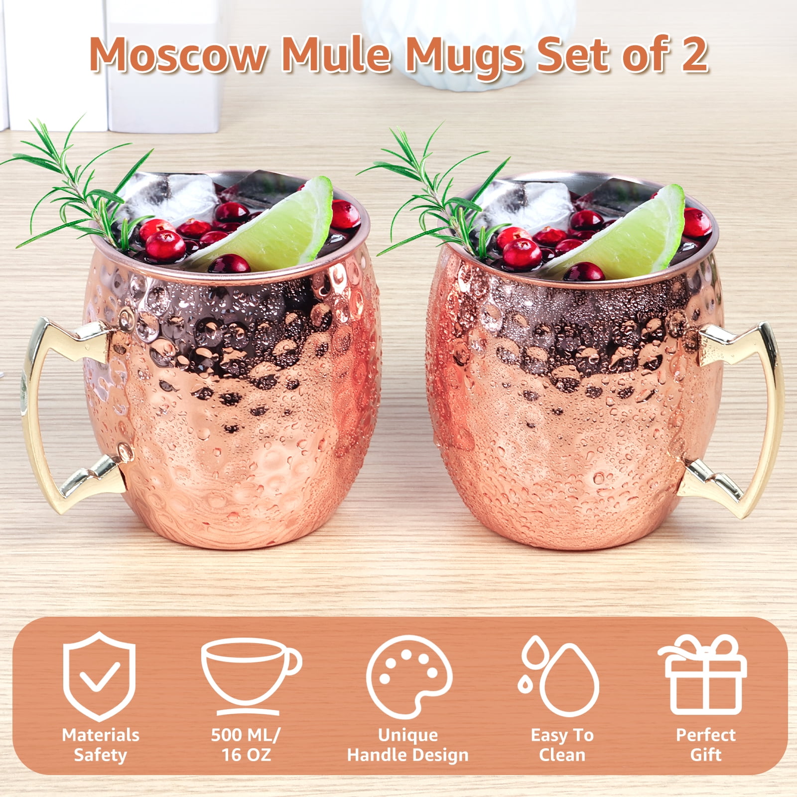 Jetcloudlive Moscow Mule Mugs Hammered Copper Finish with Stainless Steel Lining (Gold, 2 Pack, 16 fl oz) qzb05
