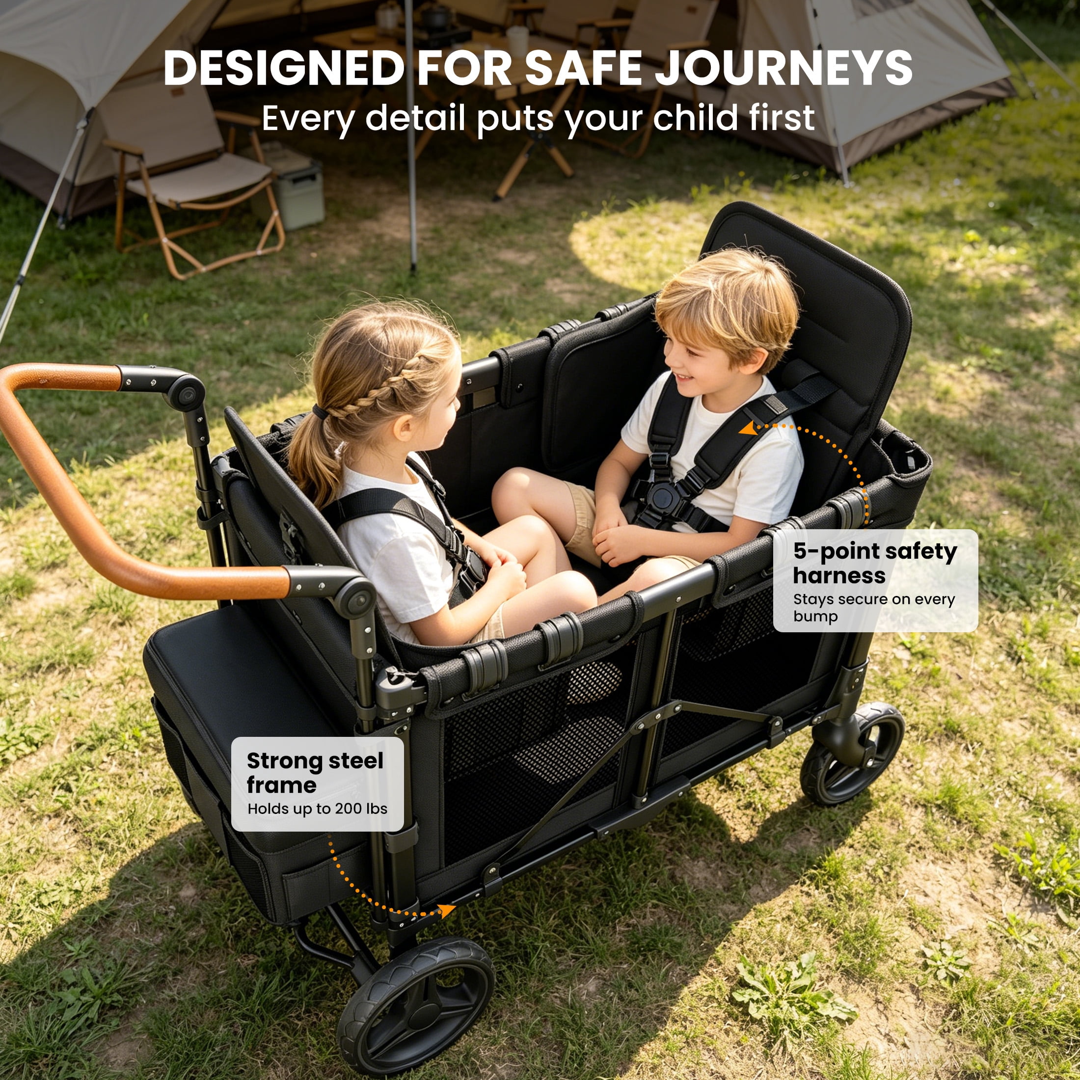 TouHeart 3-in-1 Foldable Wagon Stroller for 2 Kids with Canopy and 5-Point Harness (Black, 200 lb Capacity) te9ap