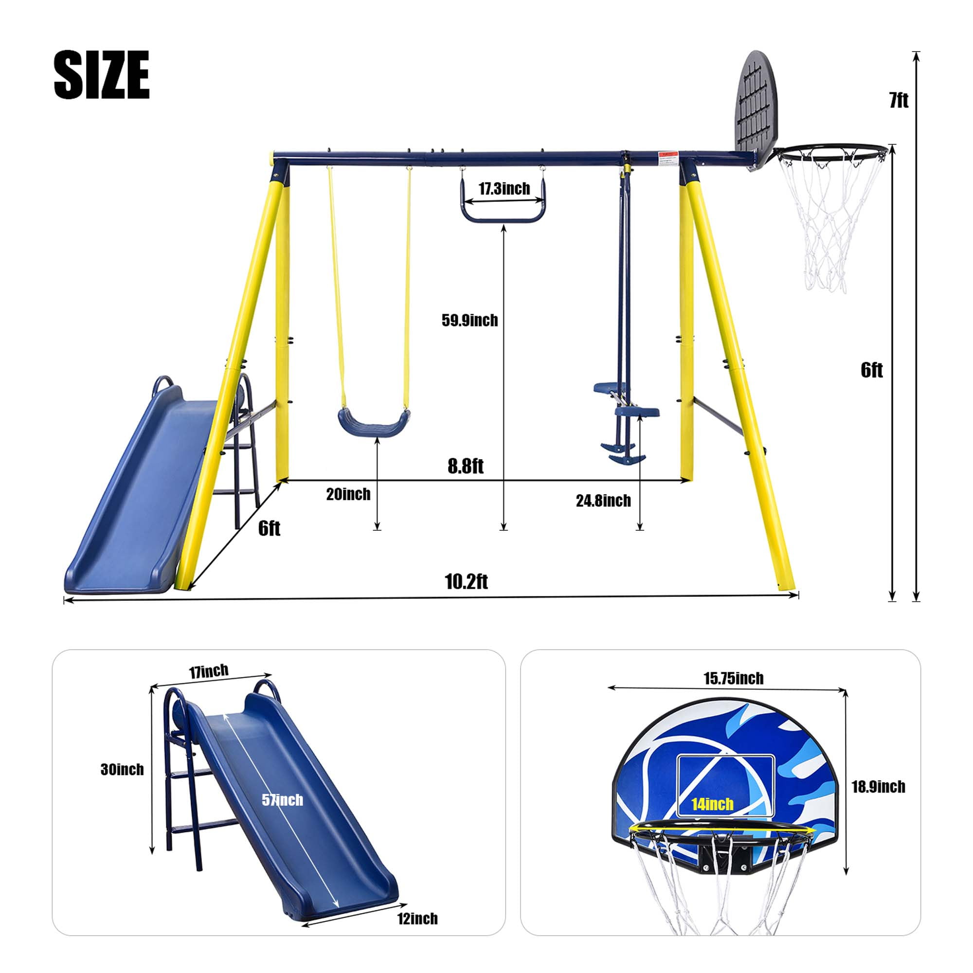 Enyopro 5-in-1 Heavy Duty Backyard Playground Swing Set with Slide, Seesaw, and Basketball Hoop (Yellow) eihpo