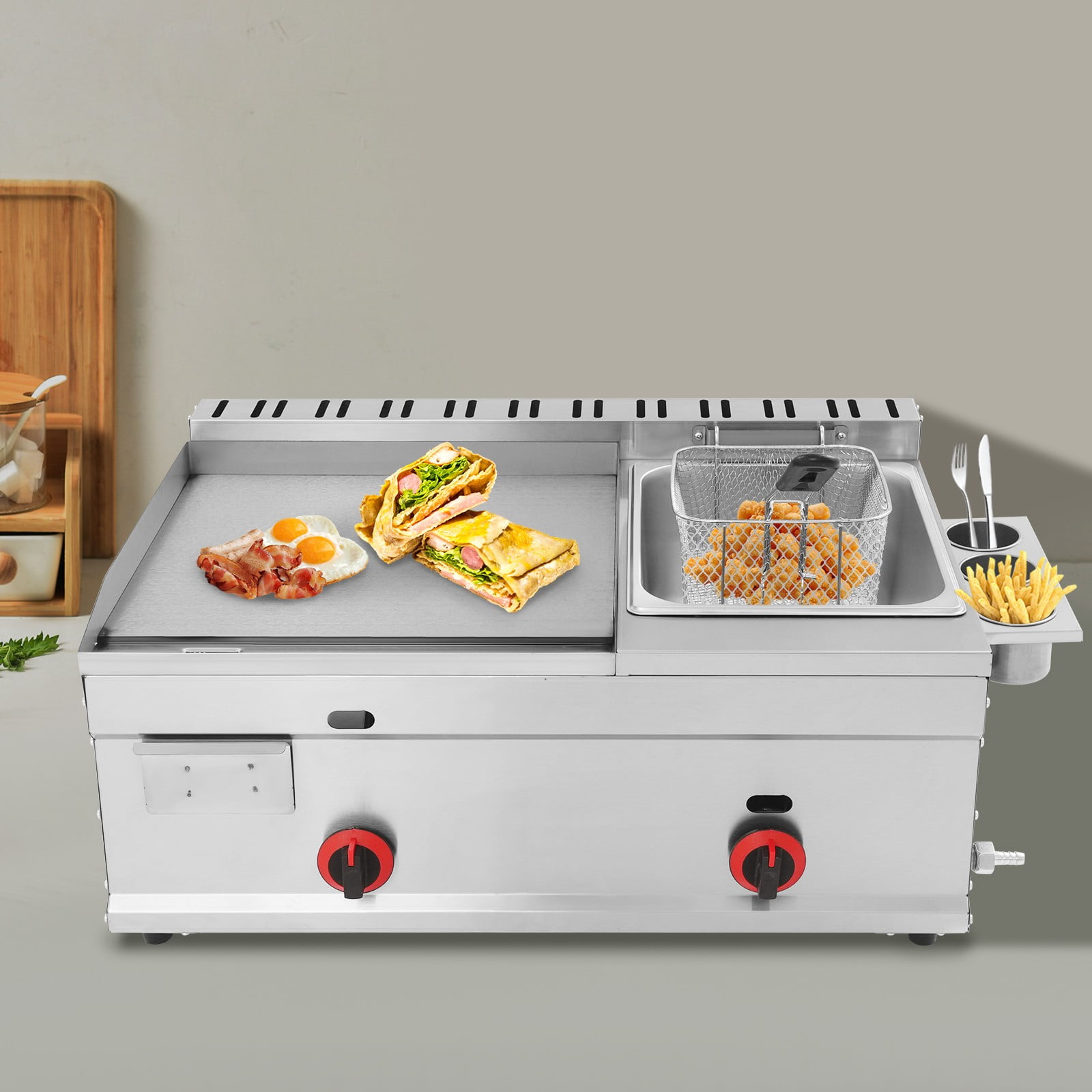 Generic Commercial Gas Propane Flat Top Grill Griddle with Deep Fryer (Silver, 1.59 gal Oil Capacity) 2m6r3