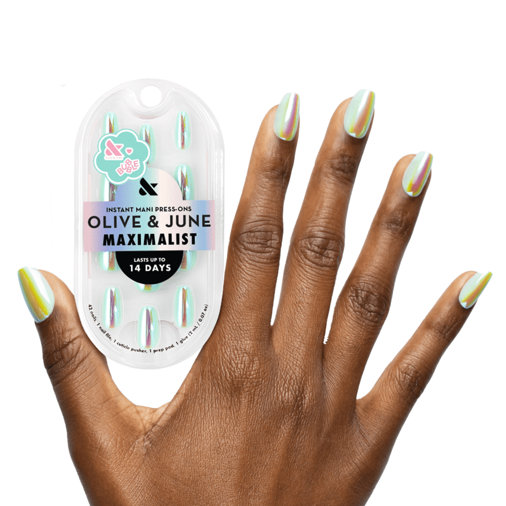 Olive & June Press-on Nails, Instant Mani Medium Coffin, Teal Glass Chrome (42 Pieces) cqa5u