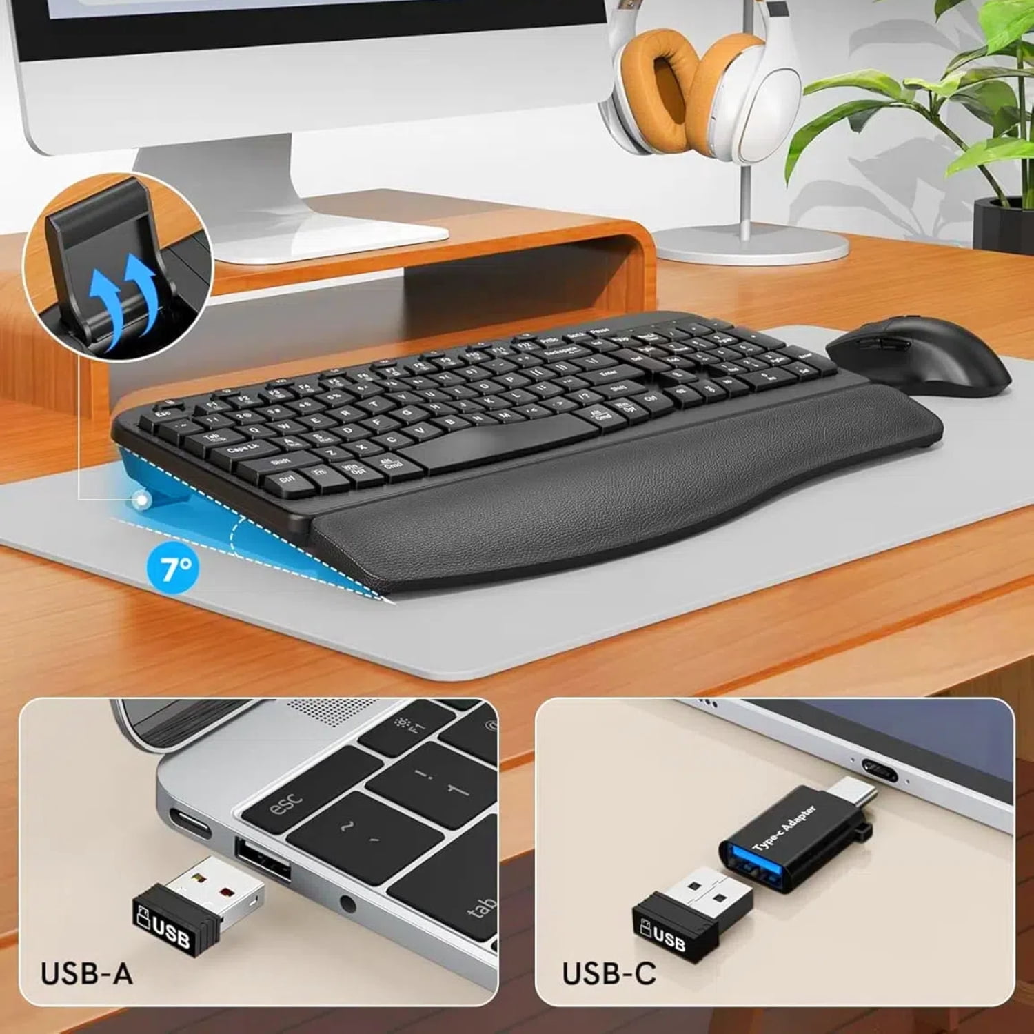 Wagpak Ergonomic Wireless Keyboard and Mouse Combo with Leather Palm Rest (Black, 1 Set) 1agds