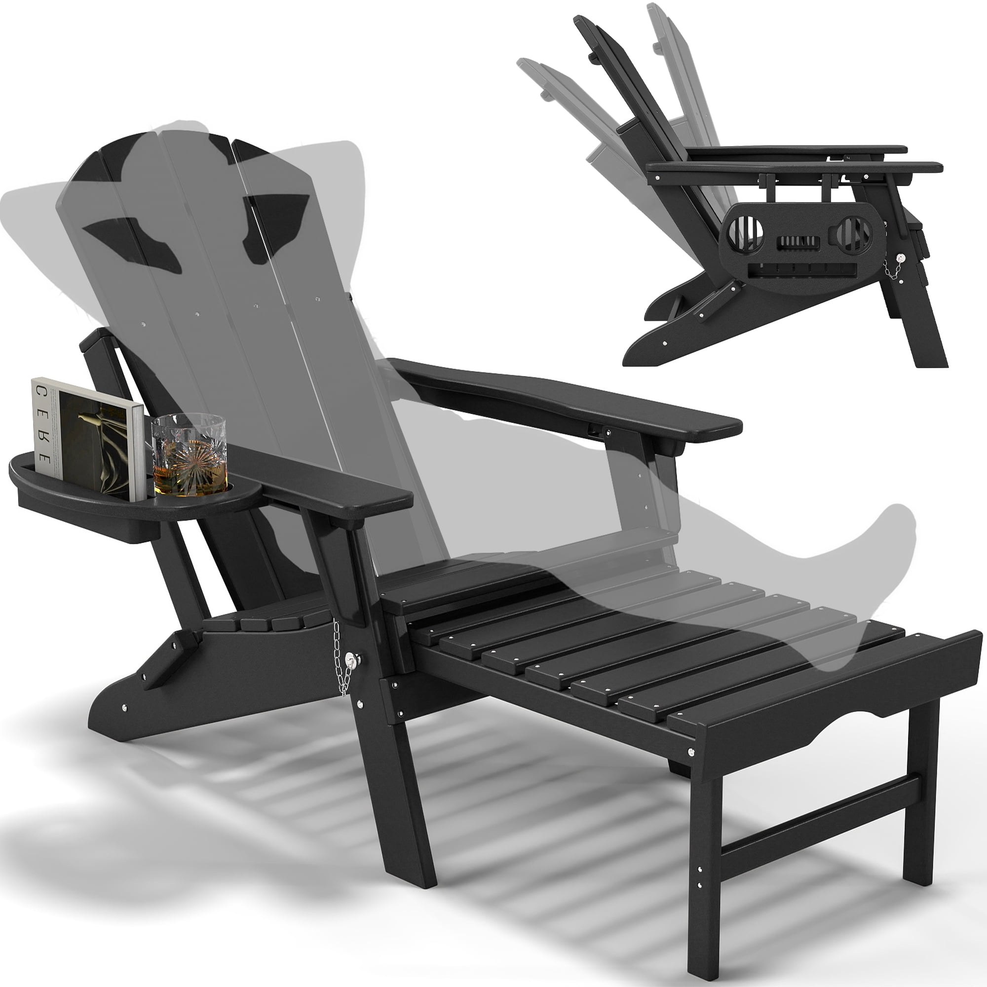 FOOWIN Folding Adirondack Chair with Retractable Ottoman, Adjustable Backrest HDPE Patio Chair with Cup Holder Tray (Black) ltl1r